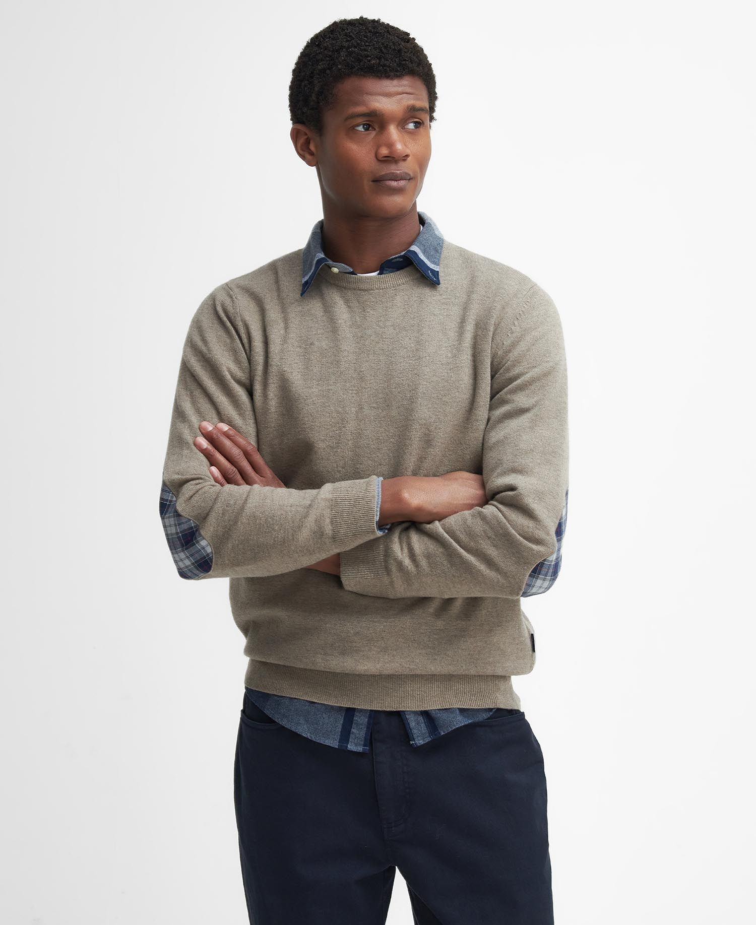 Maglia girocollo con toppa al gomito in tartan MKN1586 MKN ST51 BARBOUR Stone 