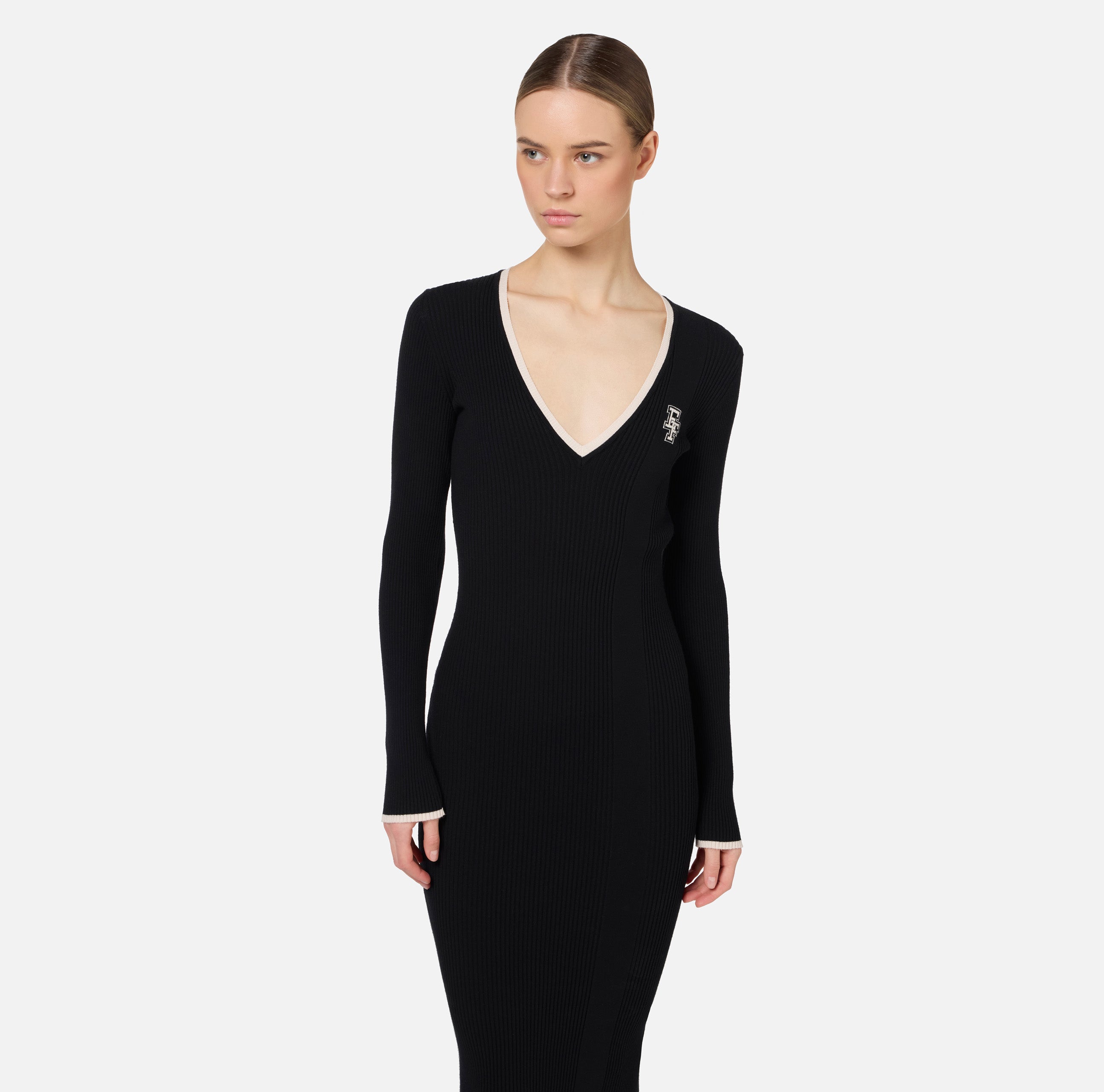 Abito midi in viscosa con logo a contrasto AM09M46E2 685 ELISABETTA FRANCHI Nero/burro 