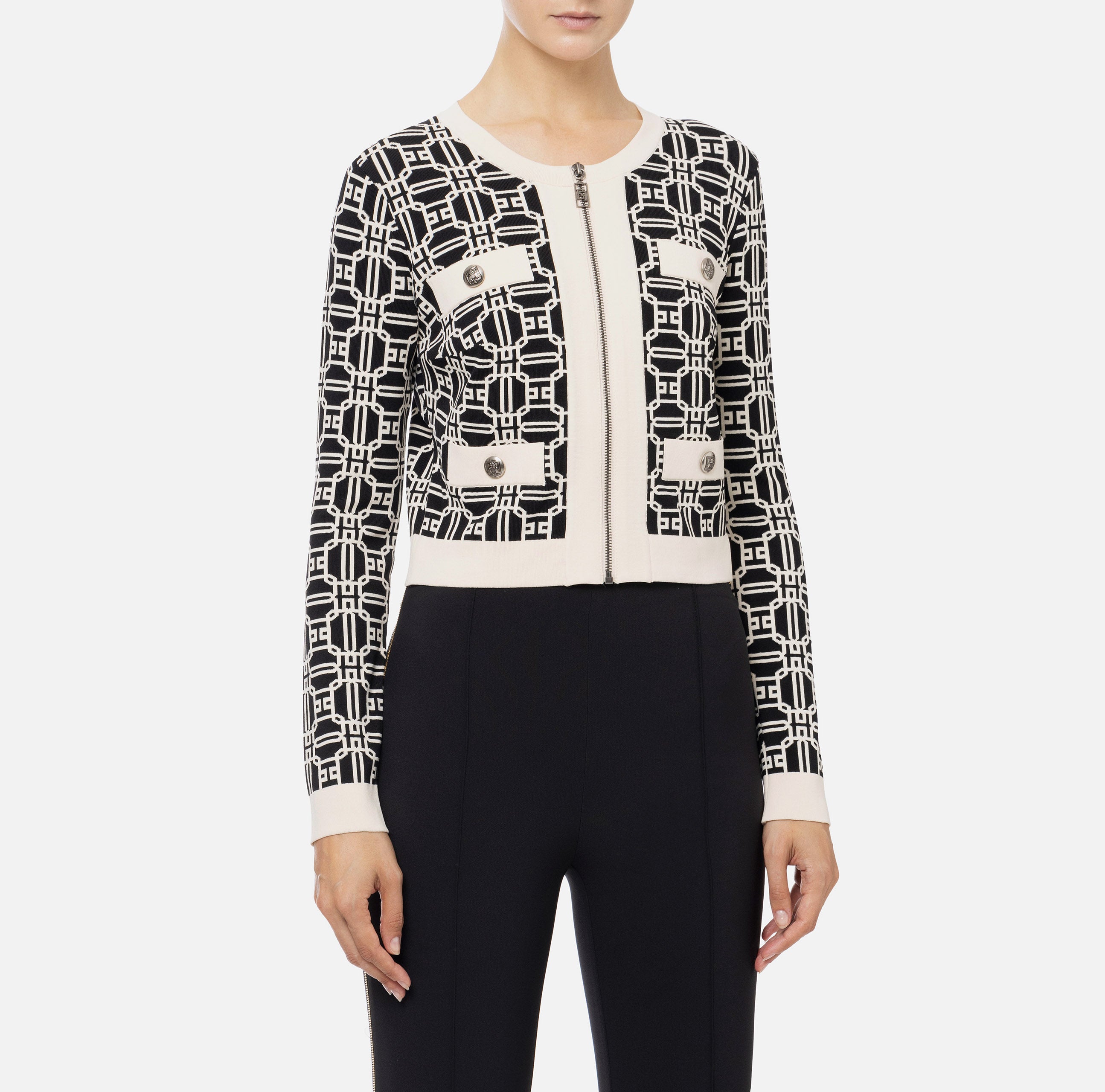 Cardigan cropped logo jacquard<BR/> MK32B47E2 685 ELISABETTA FRANCHI Nero/burro 