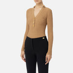 Maglia in viscosa a coste con bottoniera MK62S46E2 032 ELISABETTA FRANCHI Camel 