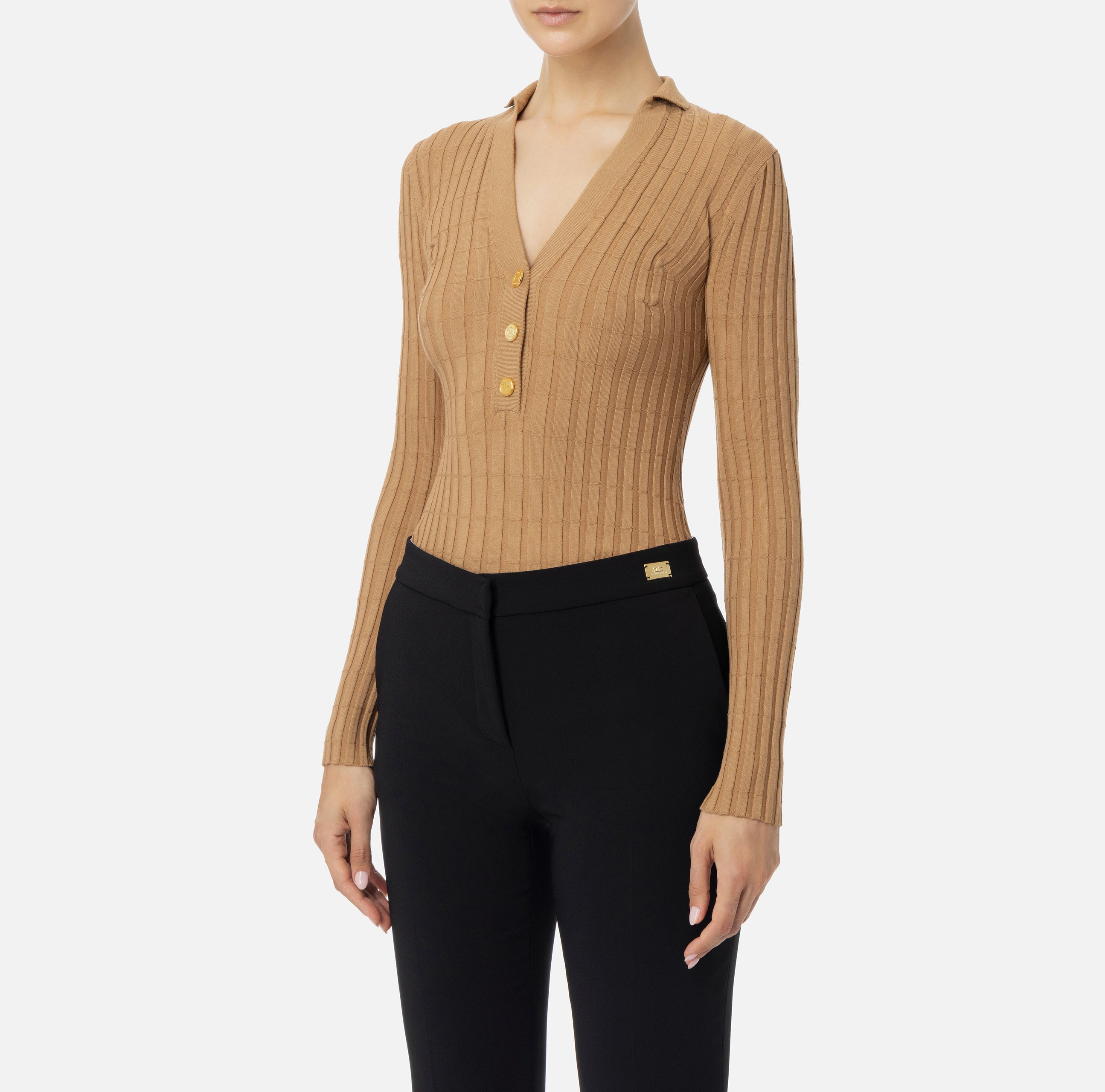 Maglia in viscosa a coste con bottoniera MK62S46E2 032 ELISABETTA FRANCHI Camel 