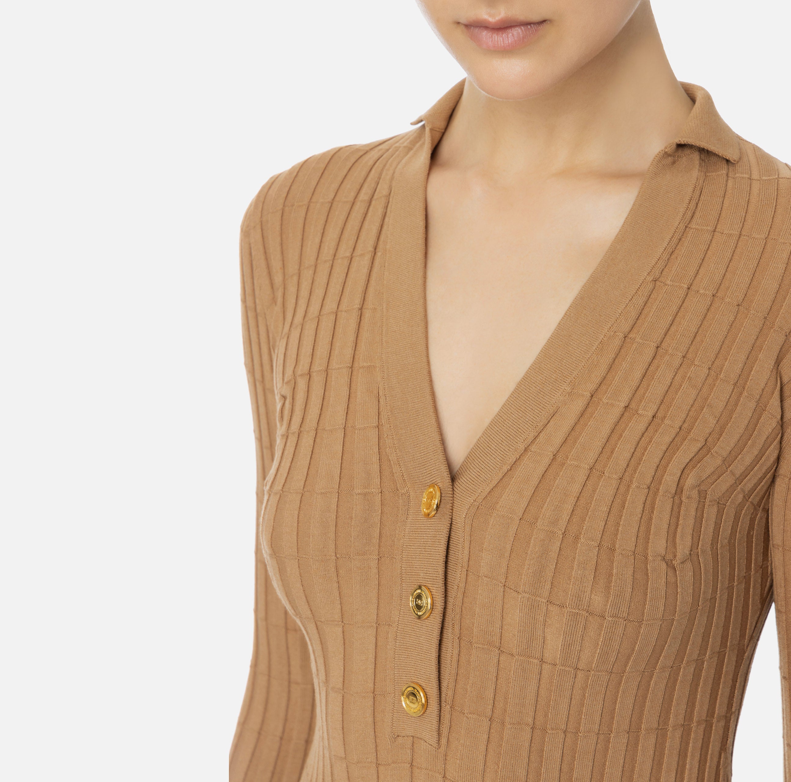 Maglia in viscosa a coste con bottoniera MK62S46E2 032 ELISABETTA FRANCHI Camel 
