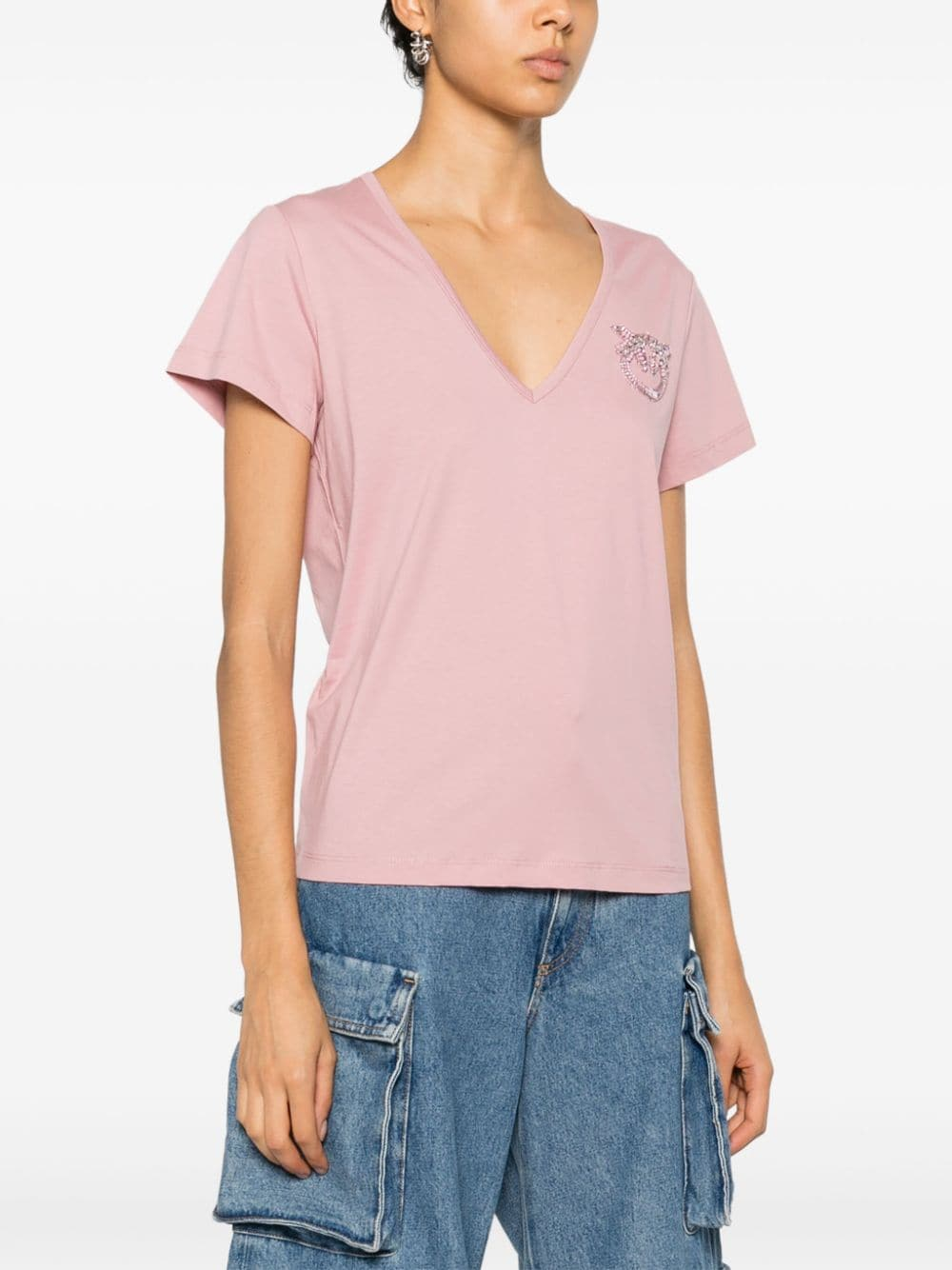 T-Shirt scollo a V con ricamo 100372A24E Q08 PINKO Rosa zefiro 