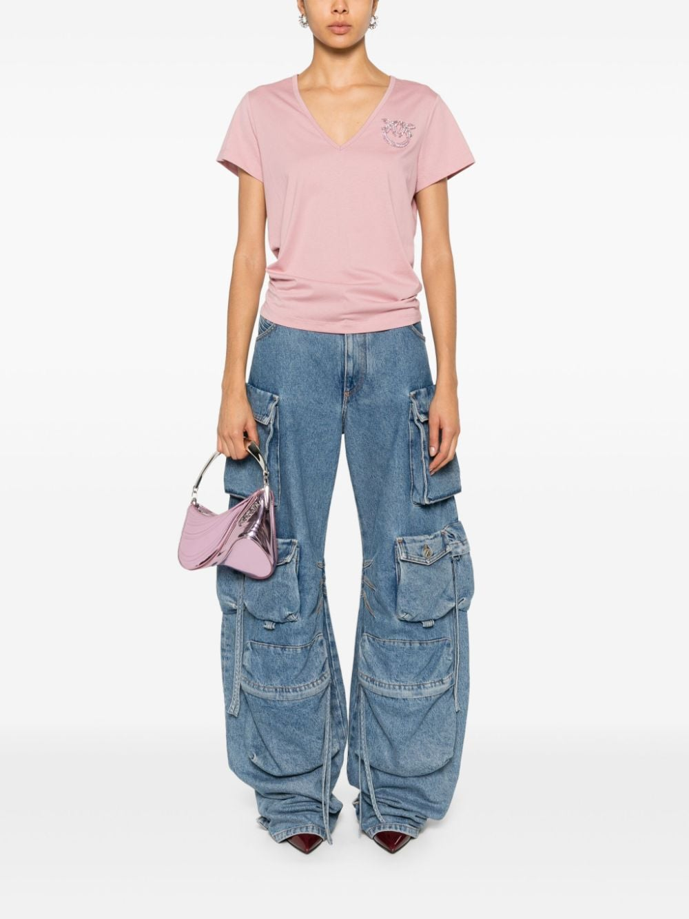 T-Shirt scollo a V con ricamo 100372A24E Q08 PINKO Rosa zefiro 