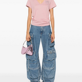 T-Shirt scollo a V con ricamo 100372A24E Q08 PINKO Rosa zefiro 