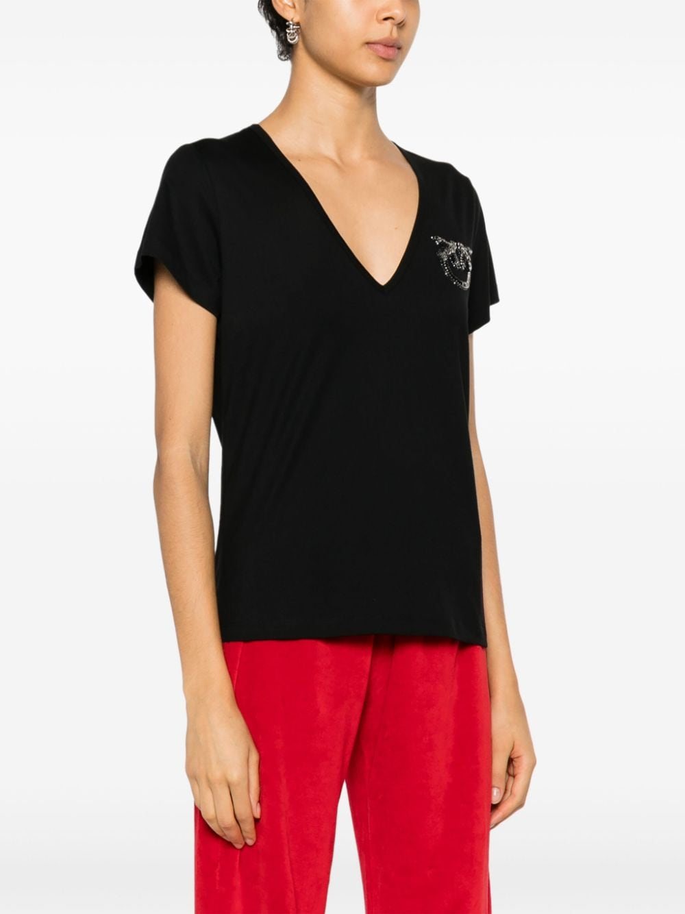 T-Shirt scollo a V con ricamo 100372A24E Z99 PINKO Nero limousine 