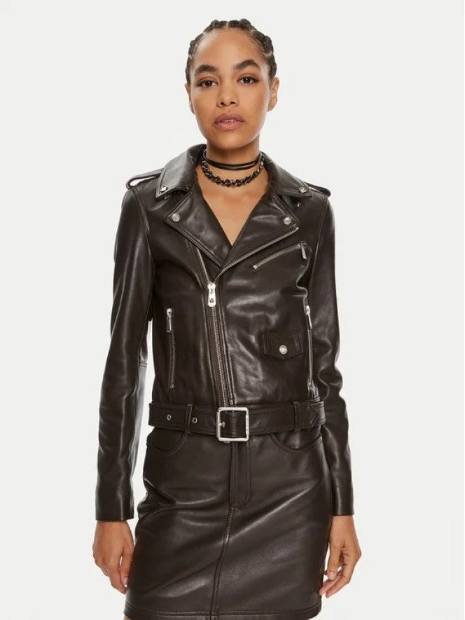 Biker in pelle 103897A21L M04 PINKO Marrone oltre buio 