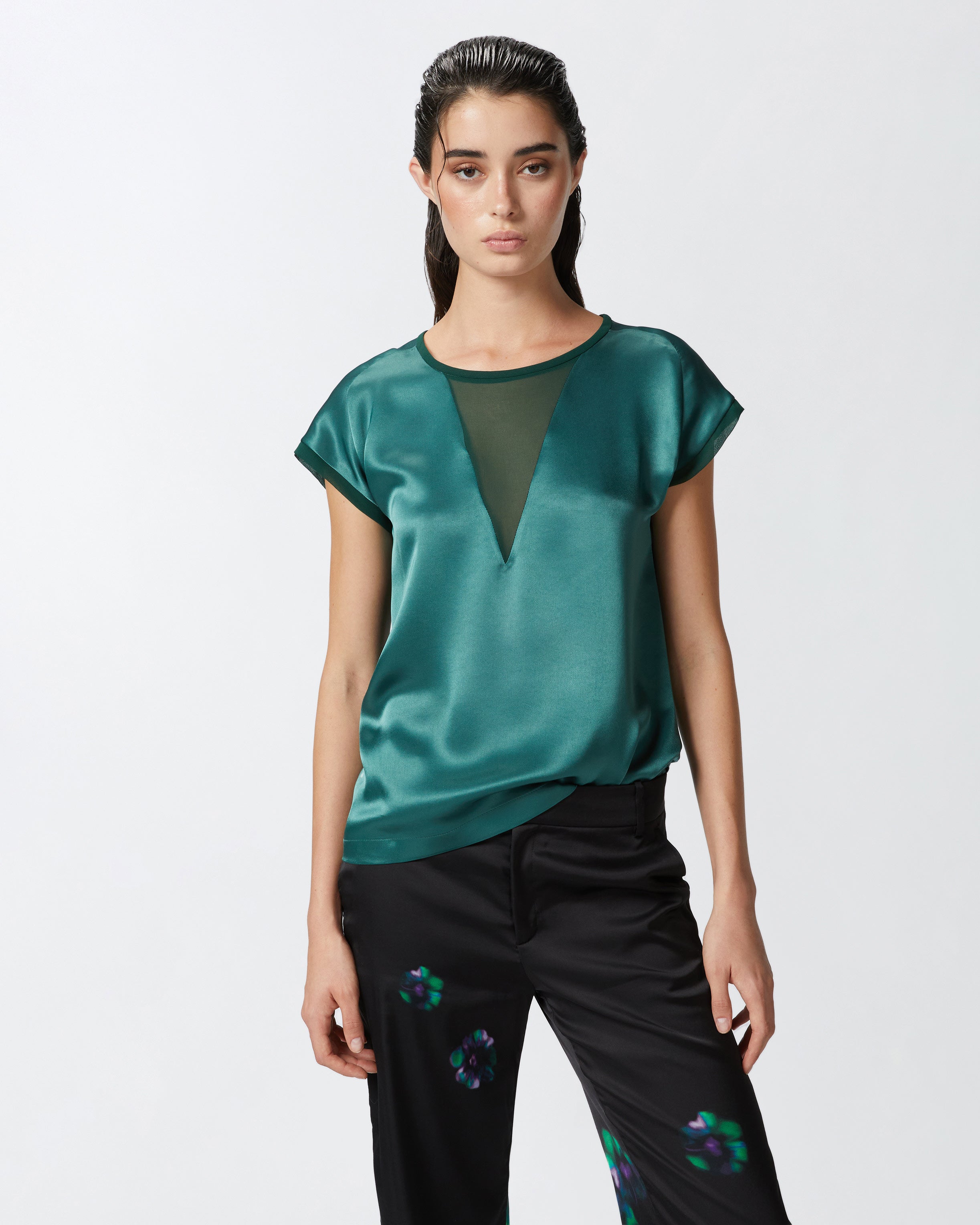 Blusa t-shirt satin e georgette 103951A206 S1A PINKO Verde bottiglia scuro 