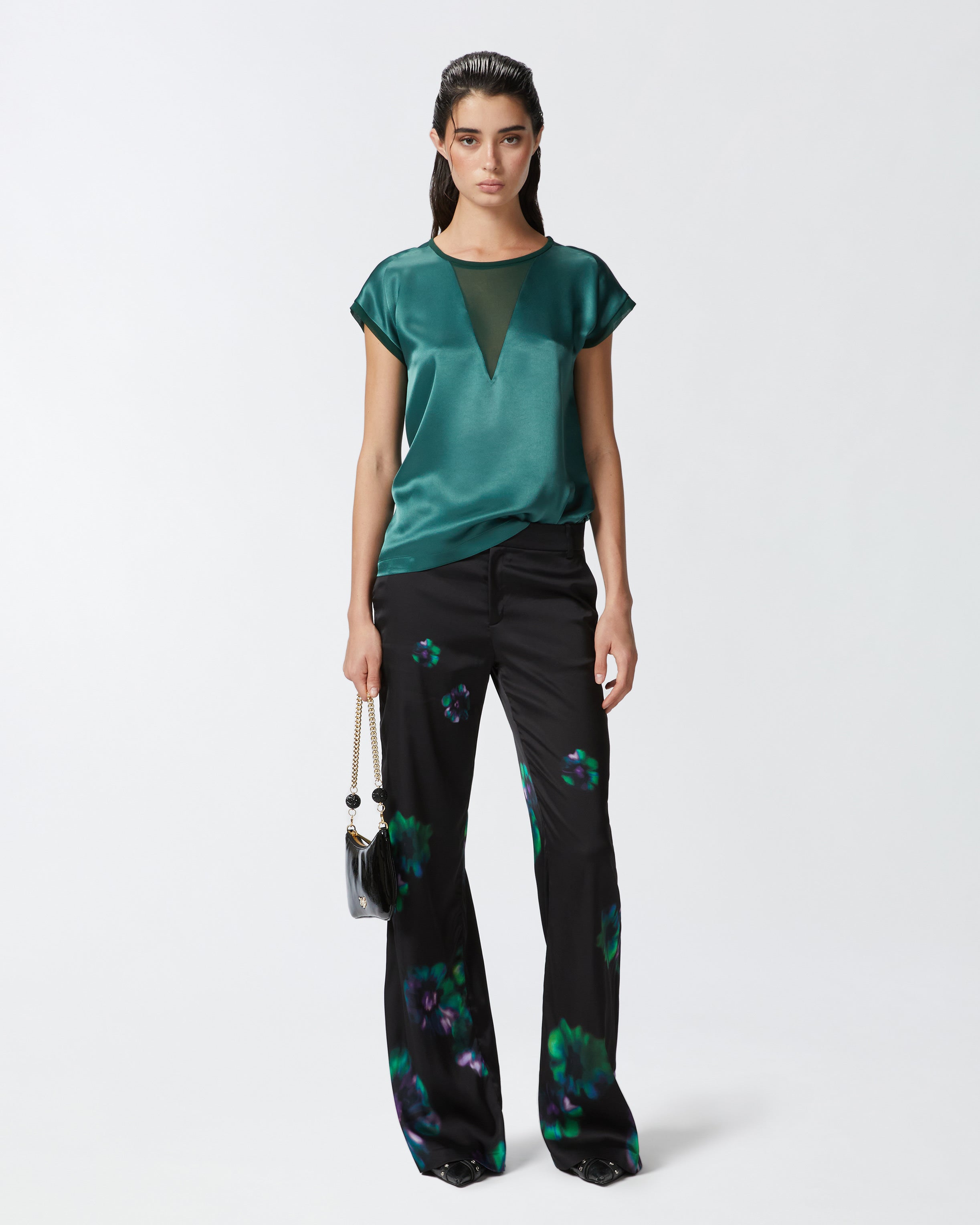 Blusa t-shirt satin e georgette 103951A206 S1A PINKO Verde bottiglia scuro 