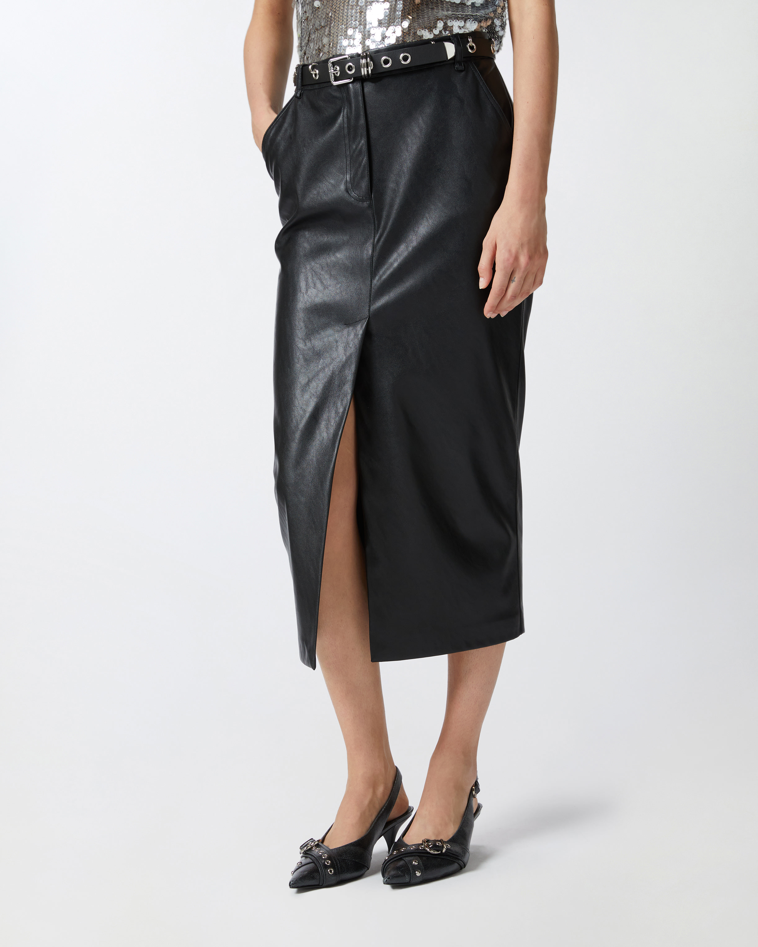 Gonna midi effetto pelle con spacco al fondo 1041457105 Z99 PINKO Black 