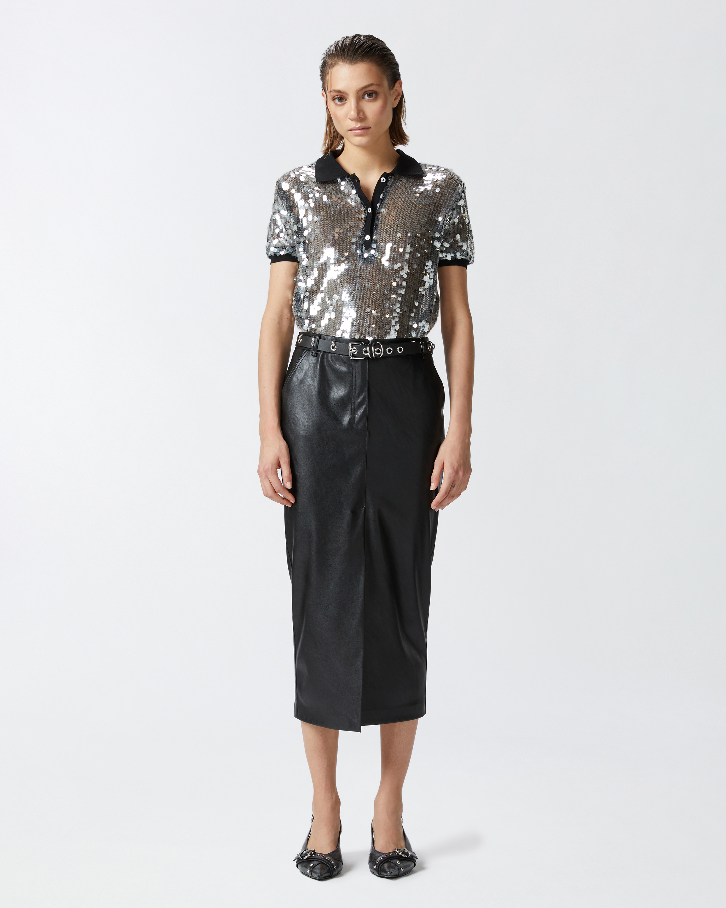 Gonna midi effetto pelle con spacco al fondo 1041457105 Z99 PINKO Black 