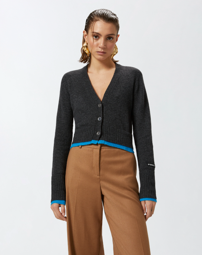 Cardigan corto in lana cachemire con contrasti 104469A277 IE0 PINKO Grigio/turchese 