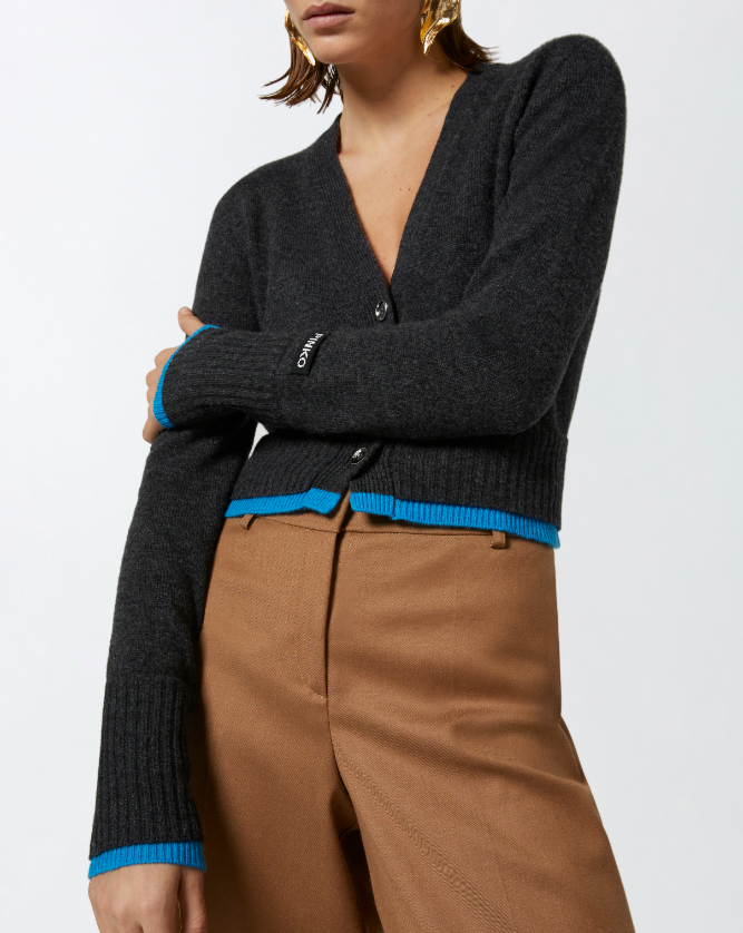 Cardigan corto in lana cachemire con contrasti 104469A277 IE0 PINKO Grigio/turchese 