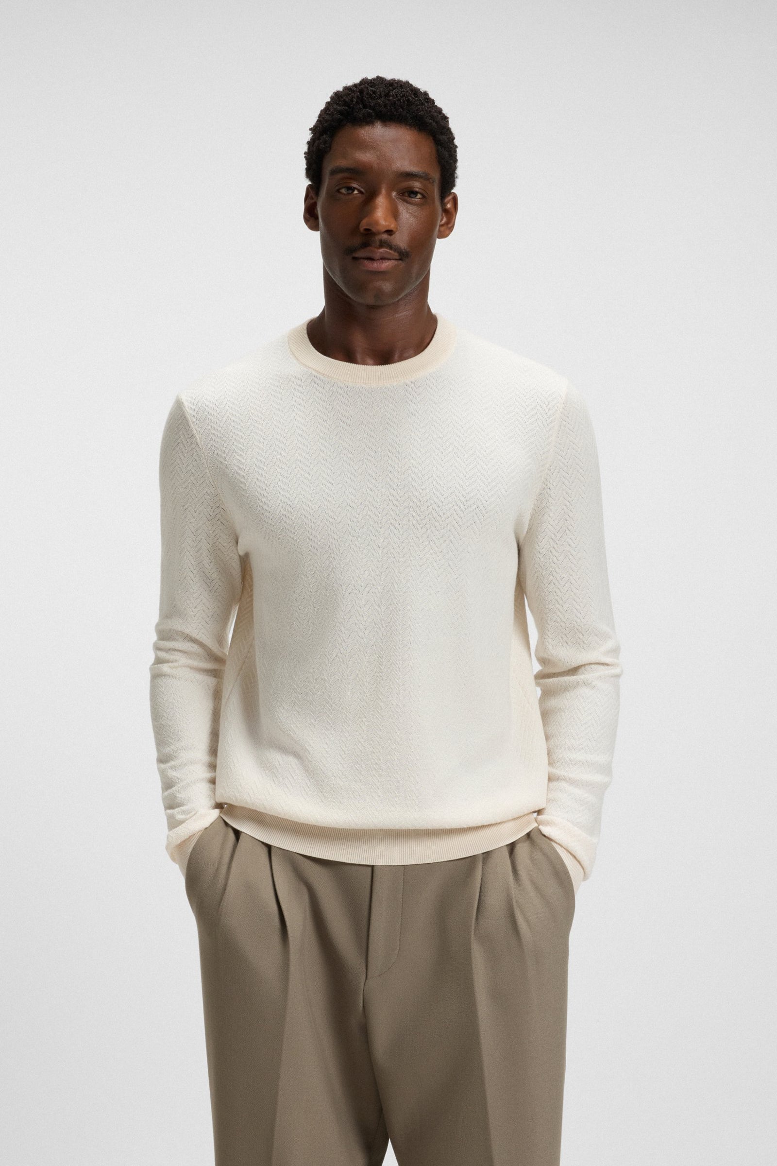 Maglia girocollo in lana e cotone 50549985 10274948 01 131 BOSS Open white 