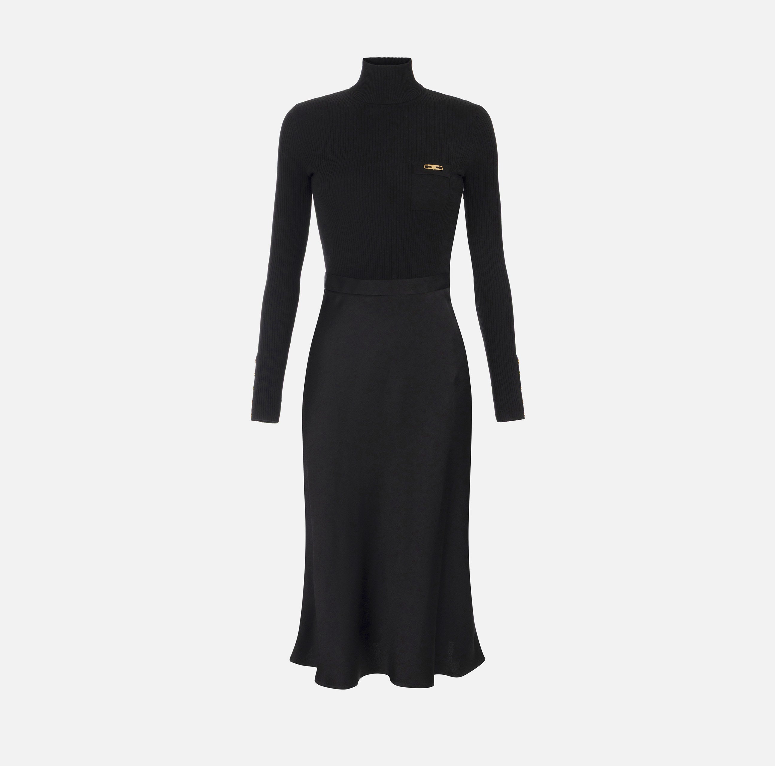 Abito in maglia a costine e raso con taschino AM06B56E2 110 ELISABETTA FRANCHI Nero 