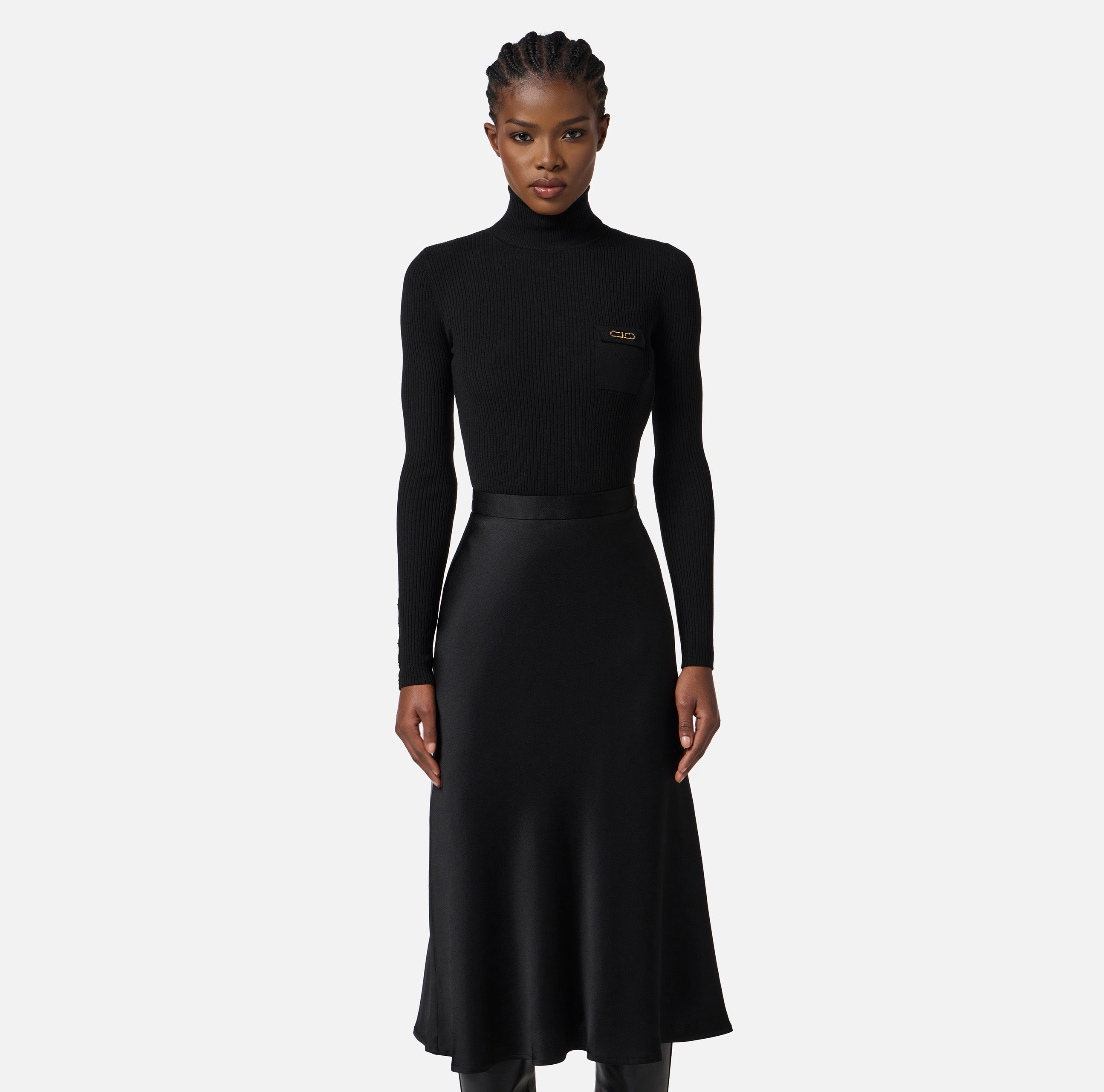 Abito in maglia a costine e raso con taschino AM06B56E2 110 ELISABETTA FRANCHI Nero 