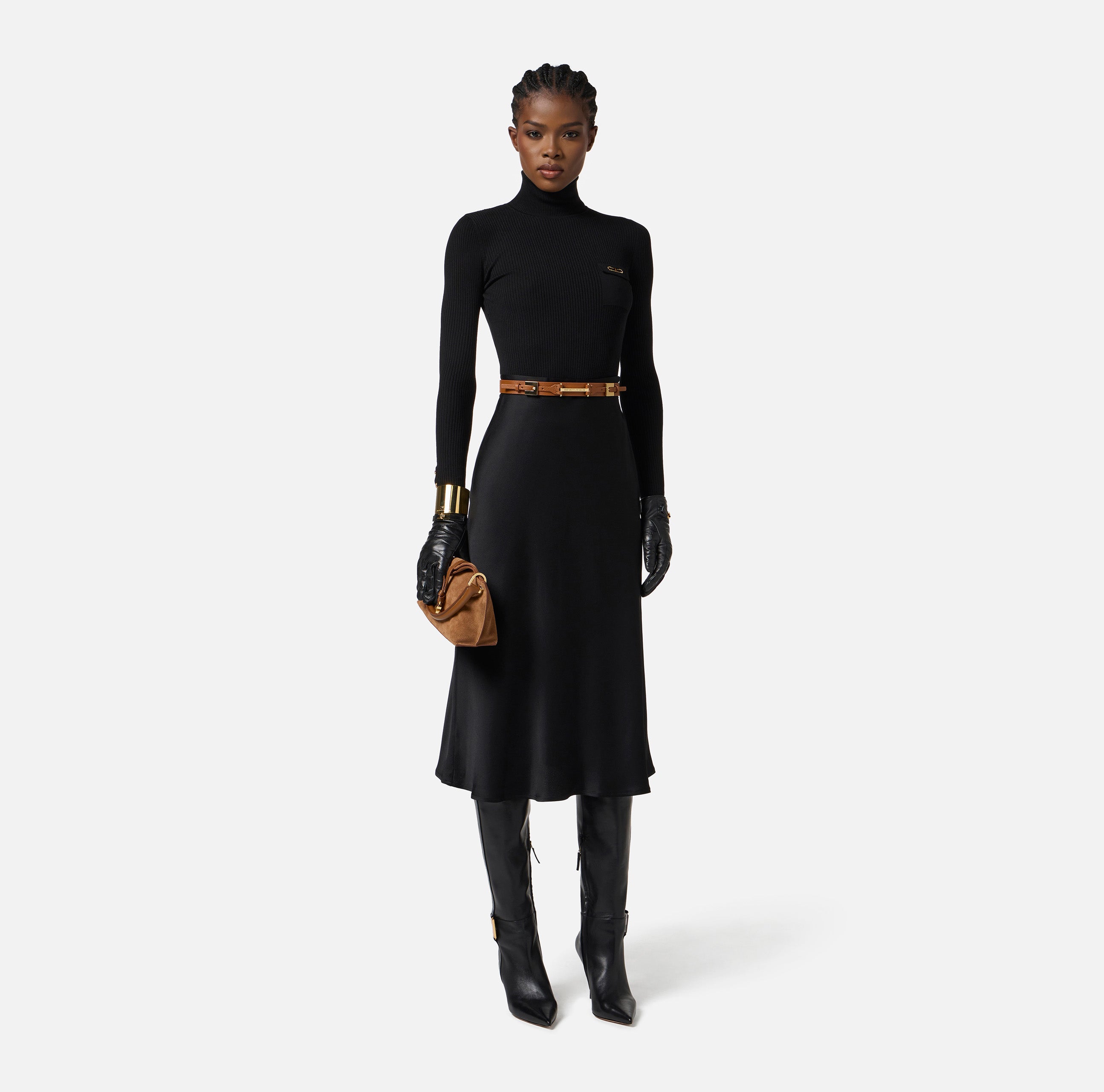 Abito in maglia a costine e raso con taschino AM06B56E2 110 ELISABETTA FRANCHI Nero 