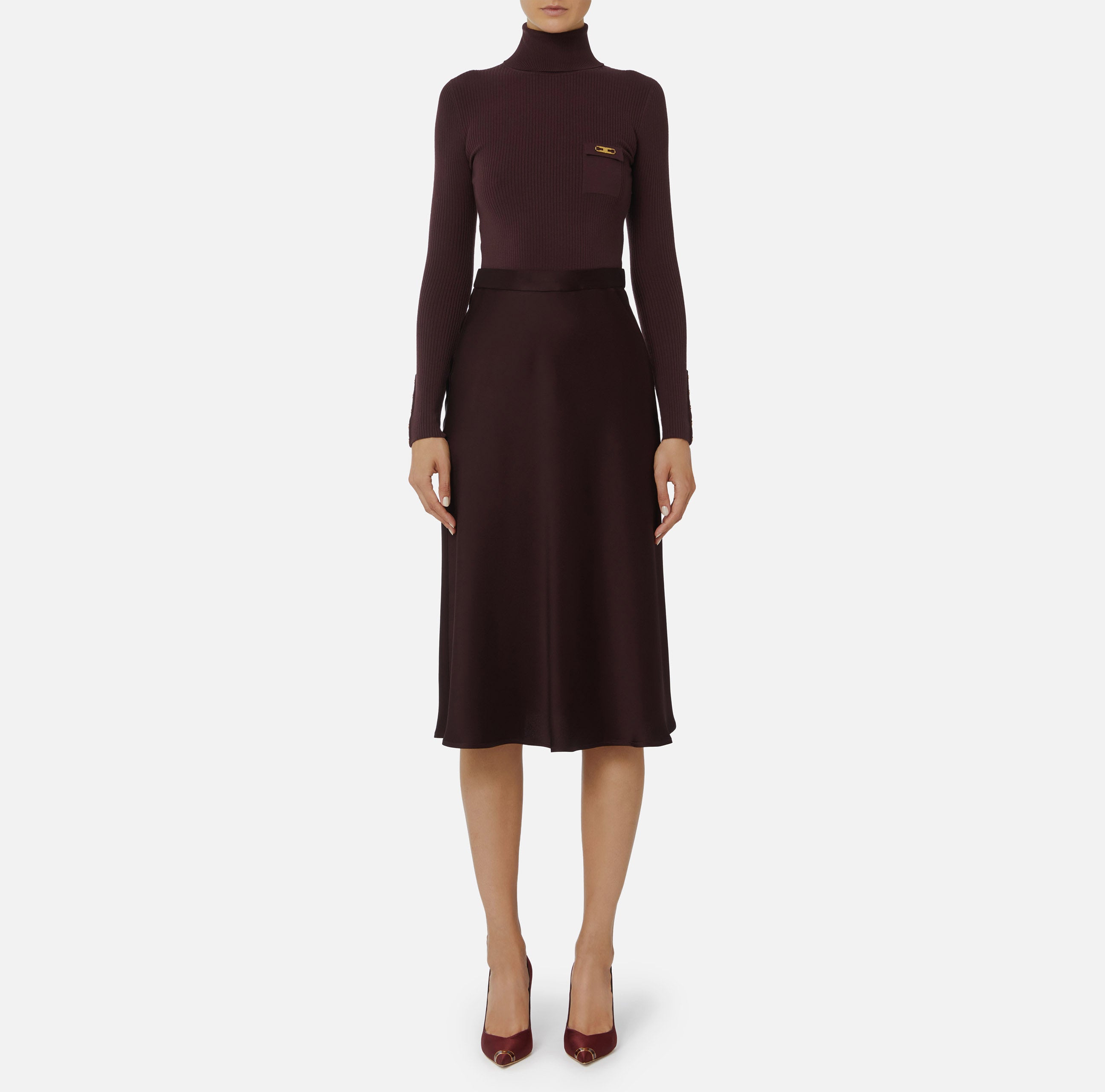 Abito in maglia a costine e raso con taschino AM06B56E2 EA4 ELISABETTA FRANCHI Merlot 