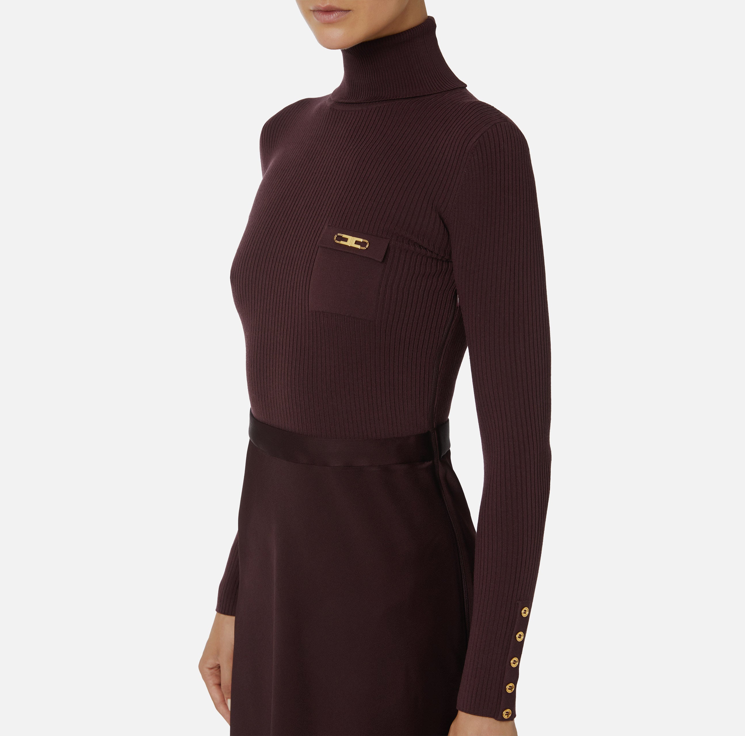 Abito in maglia a costine e raso con taschino AM06B56E2 EA4 ELISABETTA FRANCHI Merlot 
