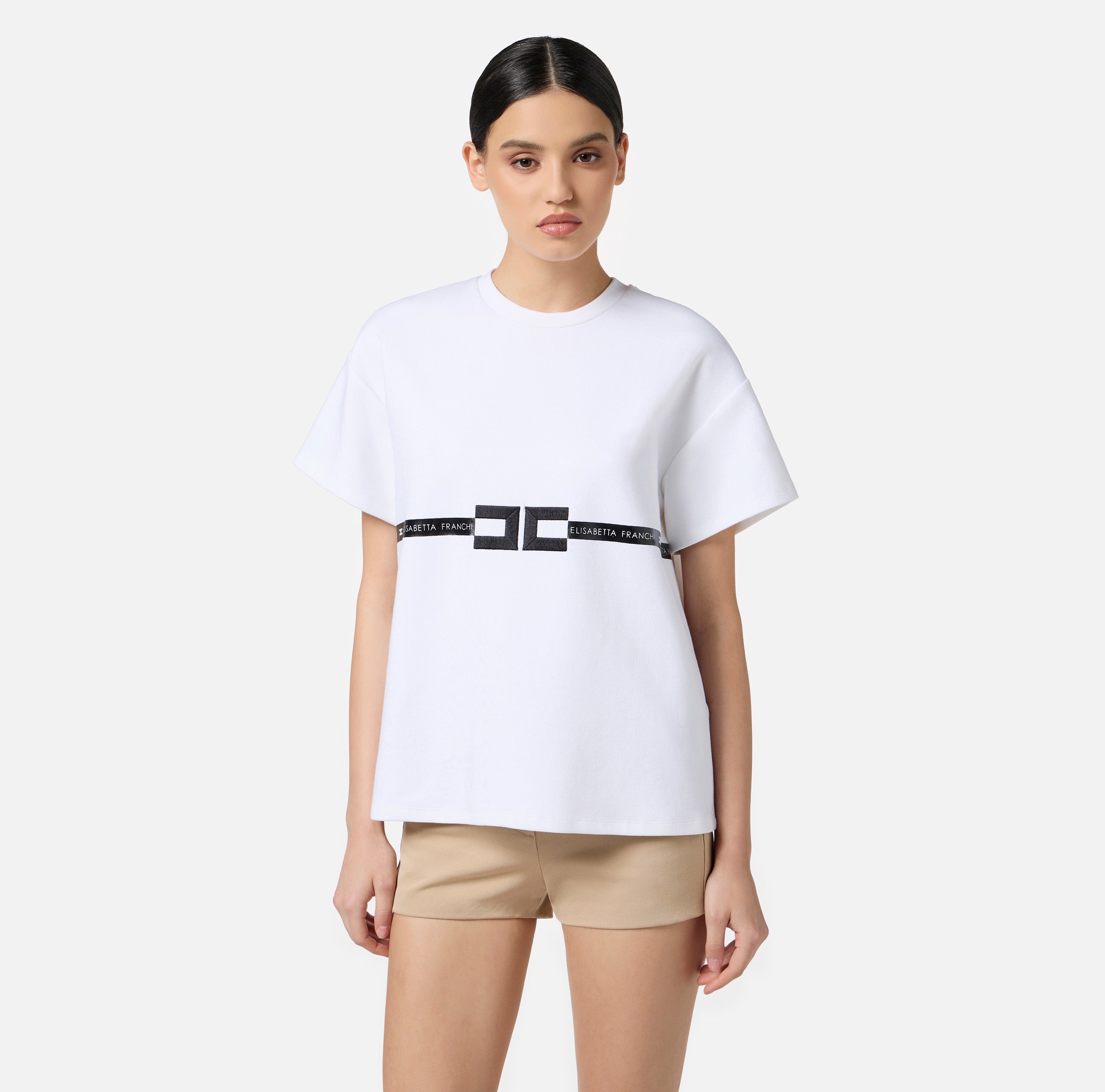 T-shirt in jersey di cotone pesante con logo MA02256E2 270 ELISABETTA FRANCHI Gesso 