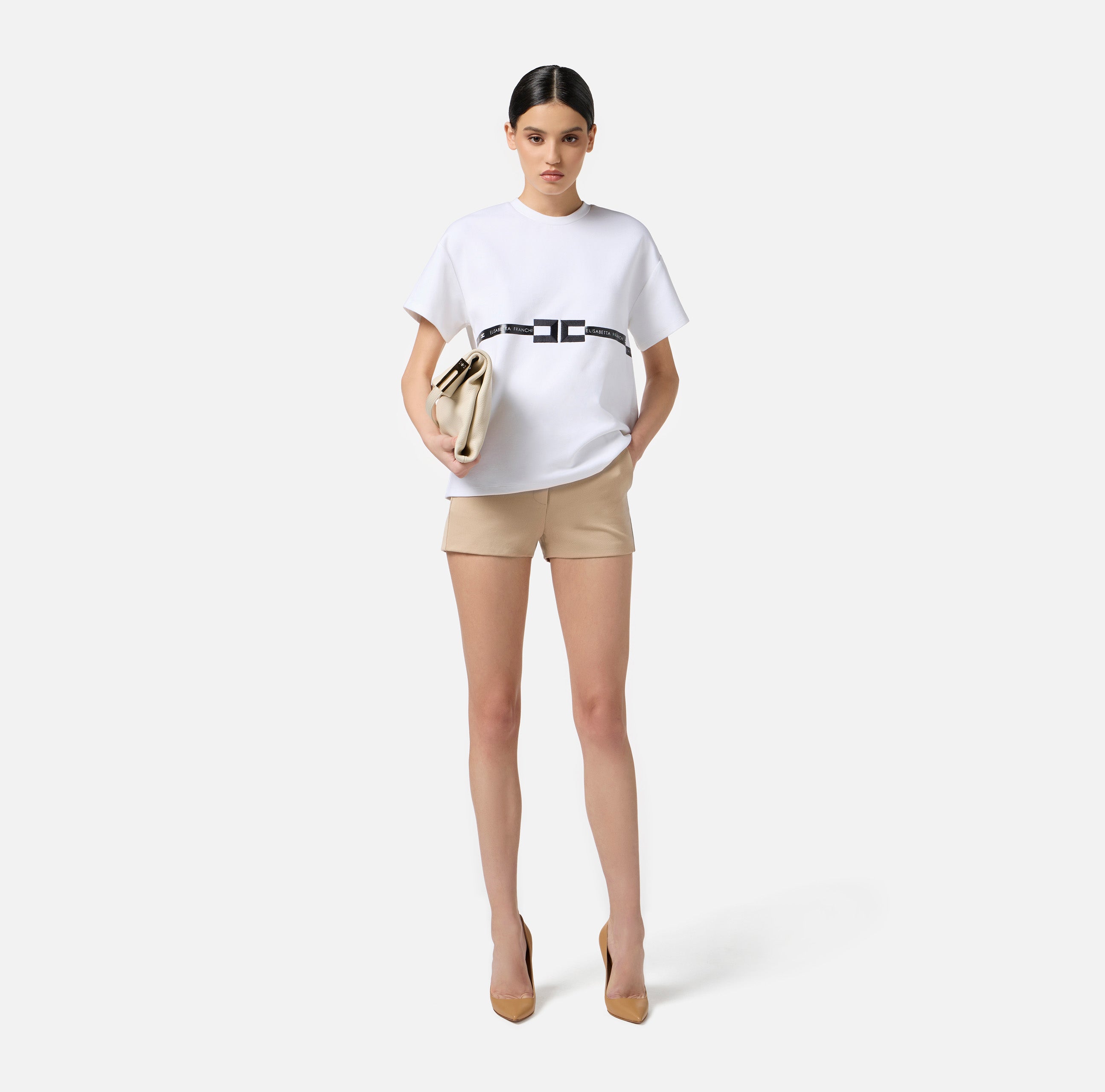 T-shirt in jersey di cotone pesante con logo MA02256E2 270 ELISABETTA FRANCHI Gesso 