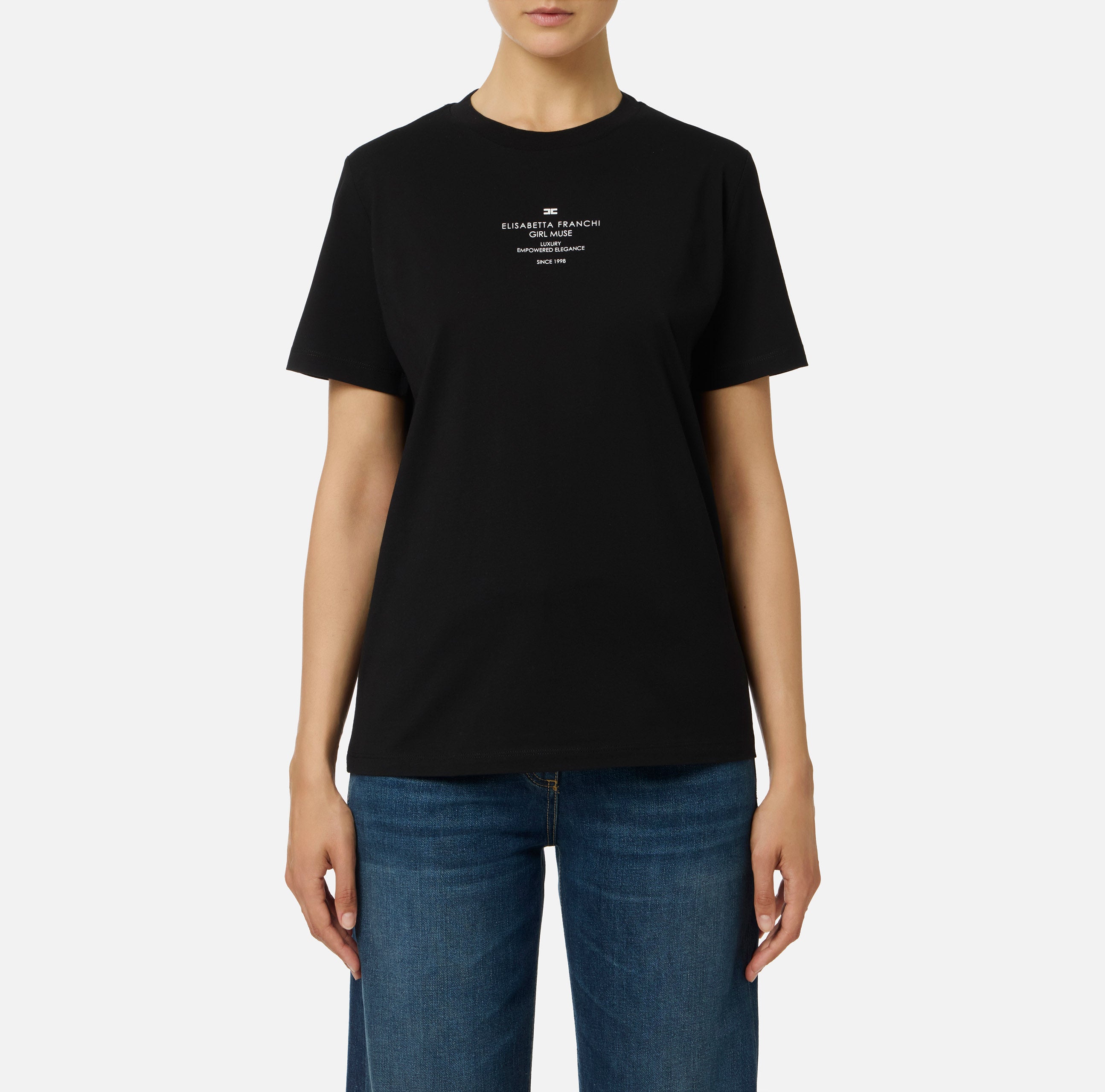 T-shirt in jersey di cotone con stampa MA63D56E2 110 ELISABETTA FRANCHI Nero 