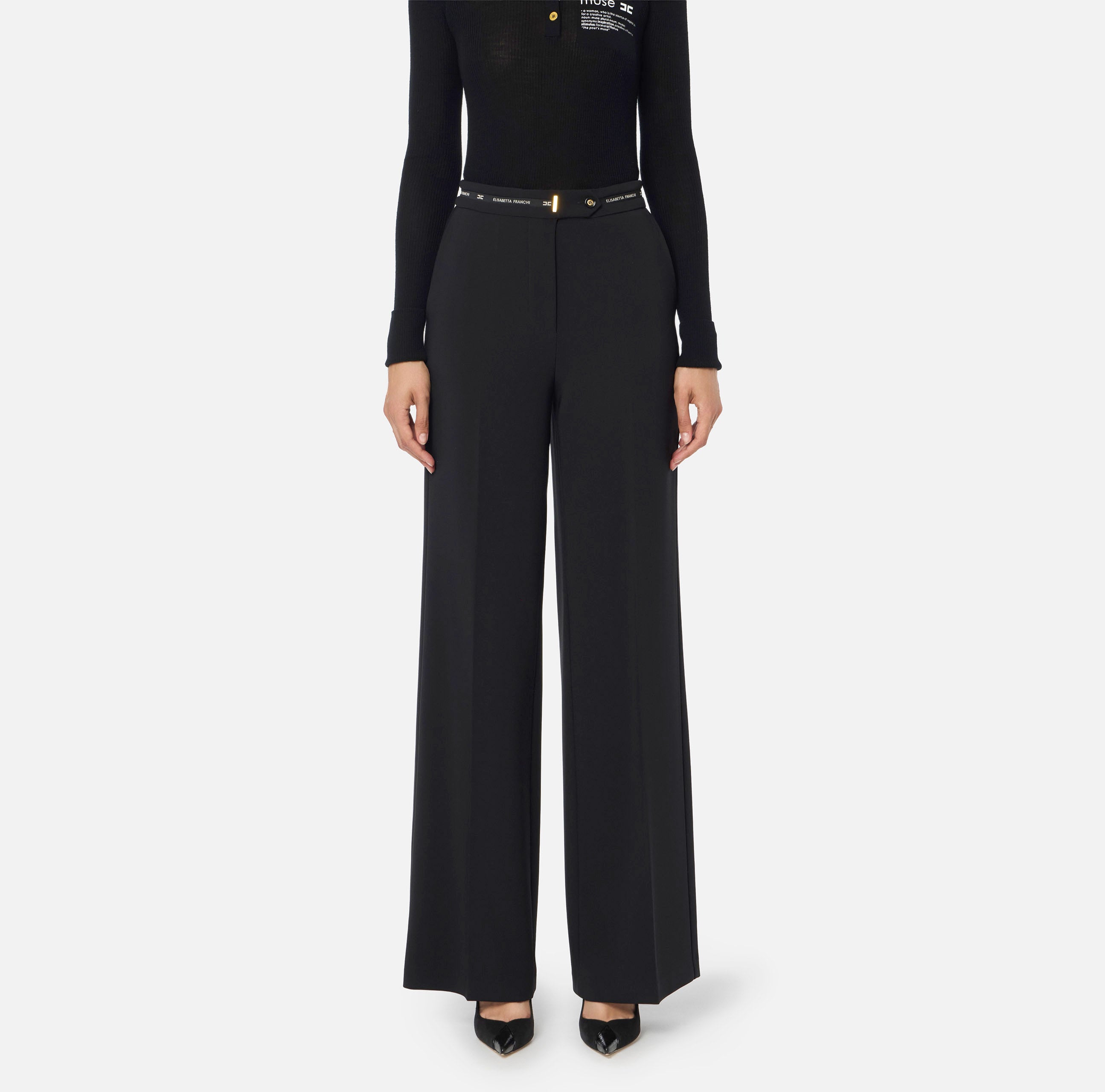 Pantaloni in crêpe leggero con nastro logo PA10356E2 110 ELISABETTA FRANCHI Nero 