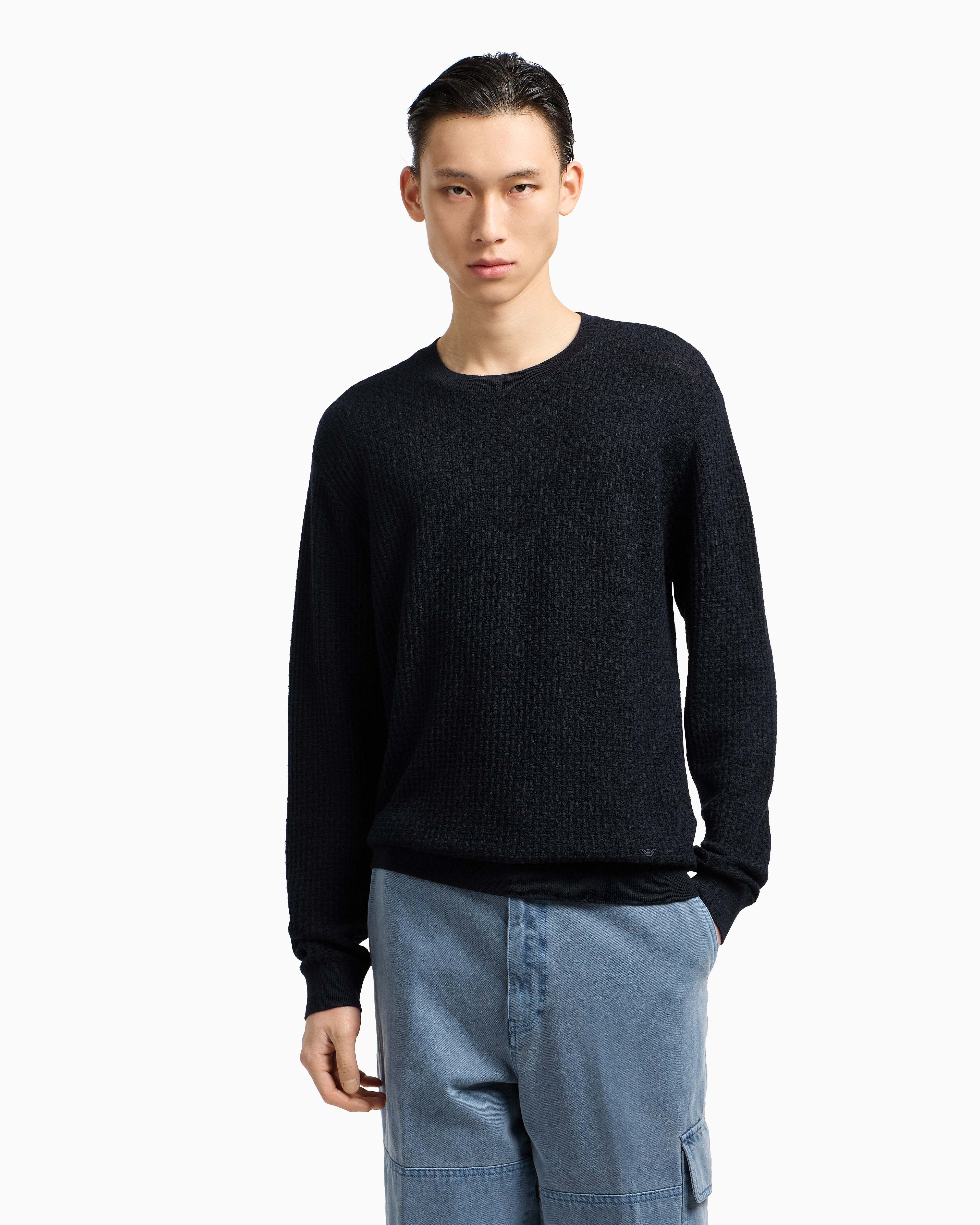 Maglia girocollo in lana con lavorazione jacquard EM002196 AF13851 FB057 EMPORIO ARMANI Blue 