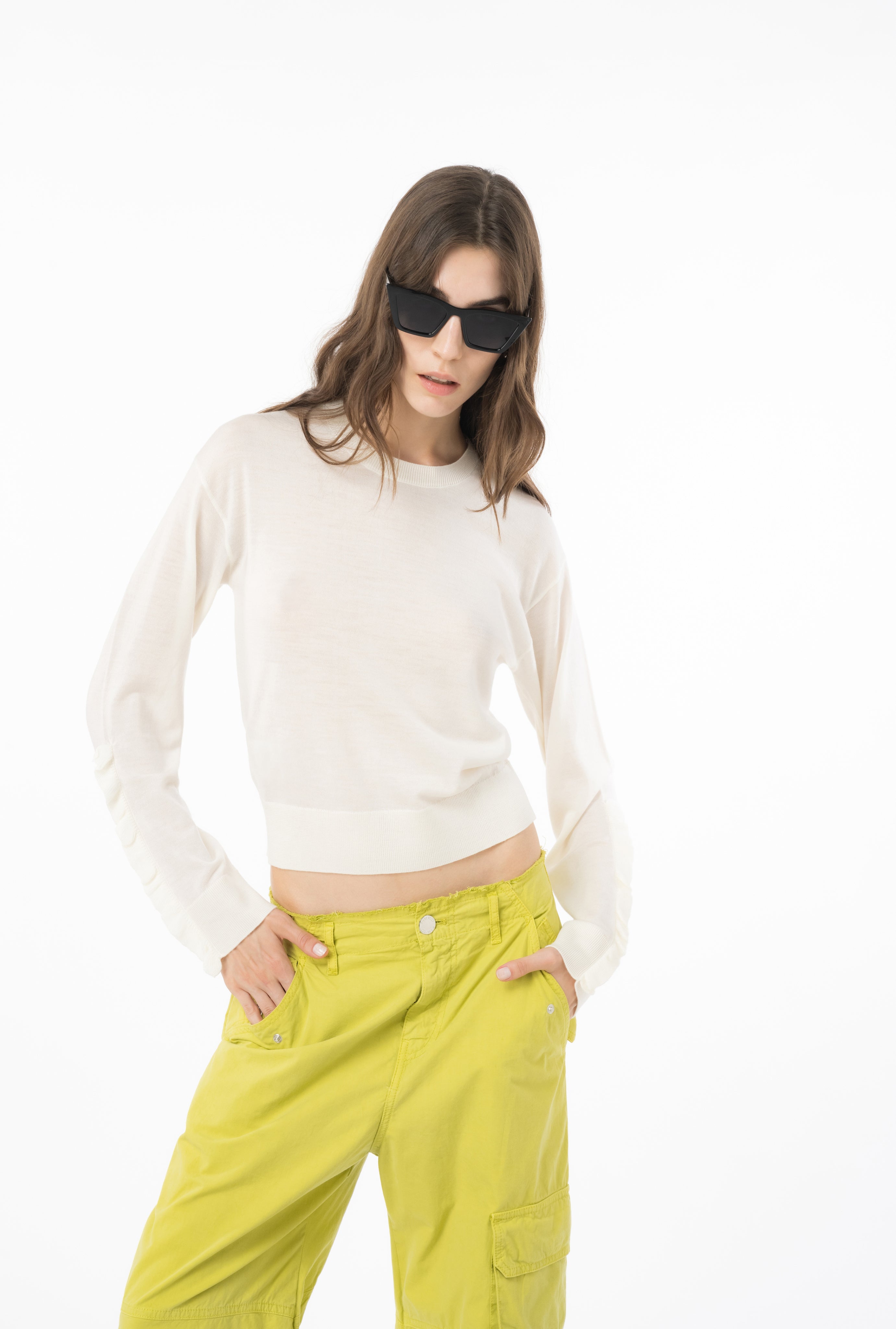 Pullover in lana con rouches 101991A189 Z12 PINKO Latte 
