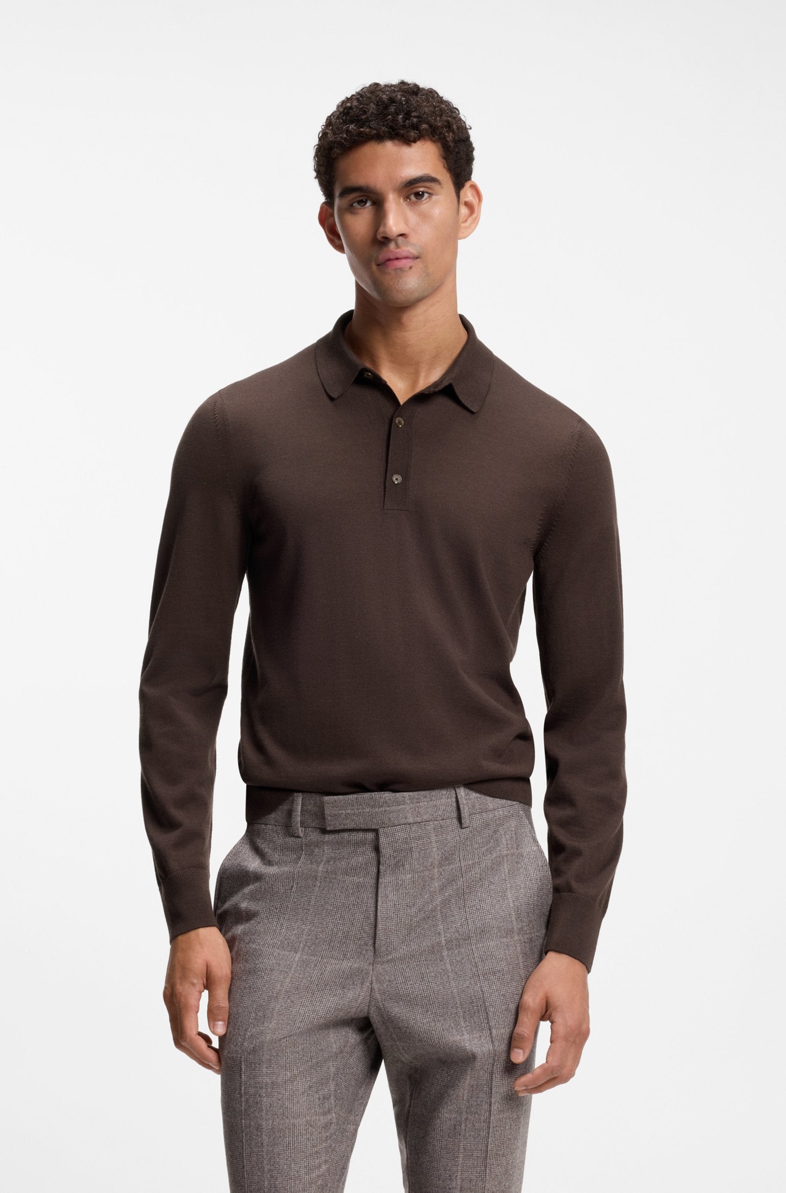 Polo in maglia di lana merino dalla vestibilità regolare 50565503 10280691 01 209 BOSS Dark brown 
