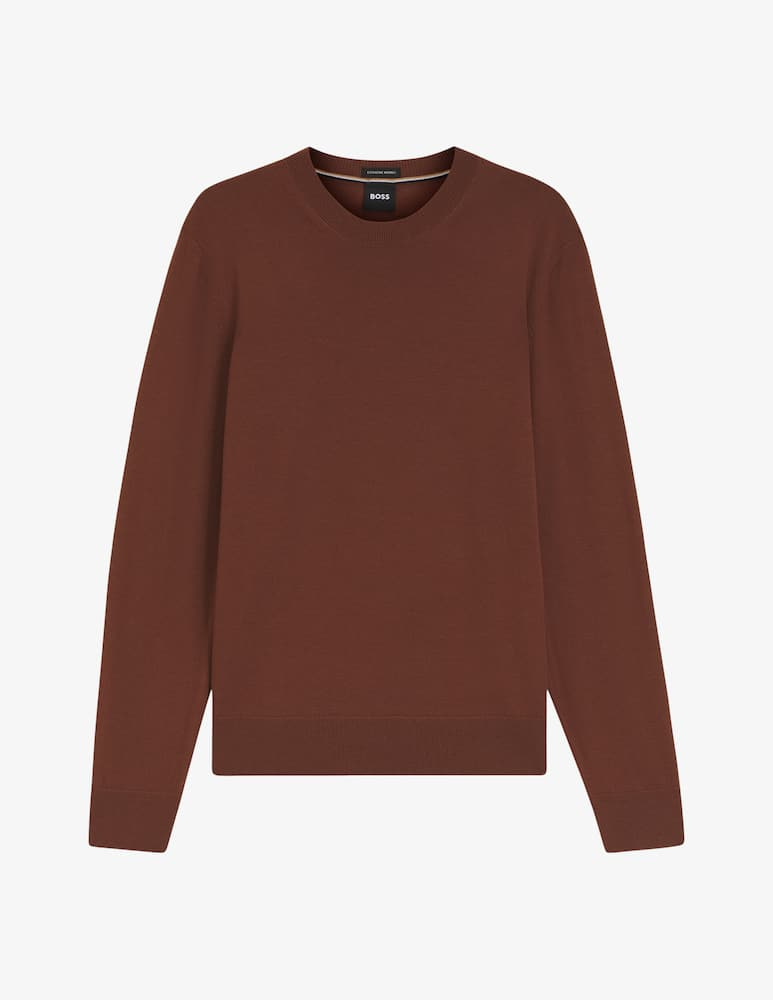 Maglia girocollo in lana merinos con logo ricamato 50571914 10283210 01 212 BOSS Medium brown 