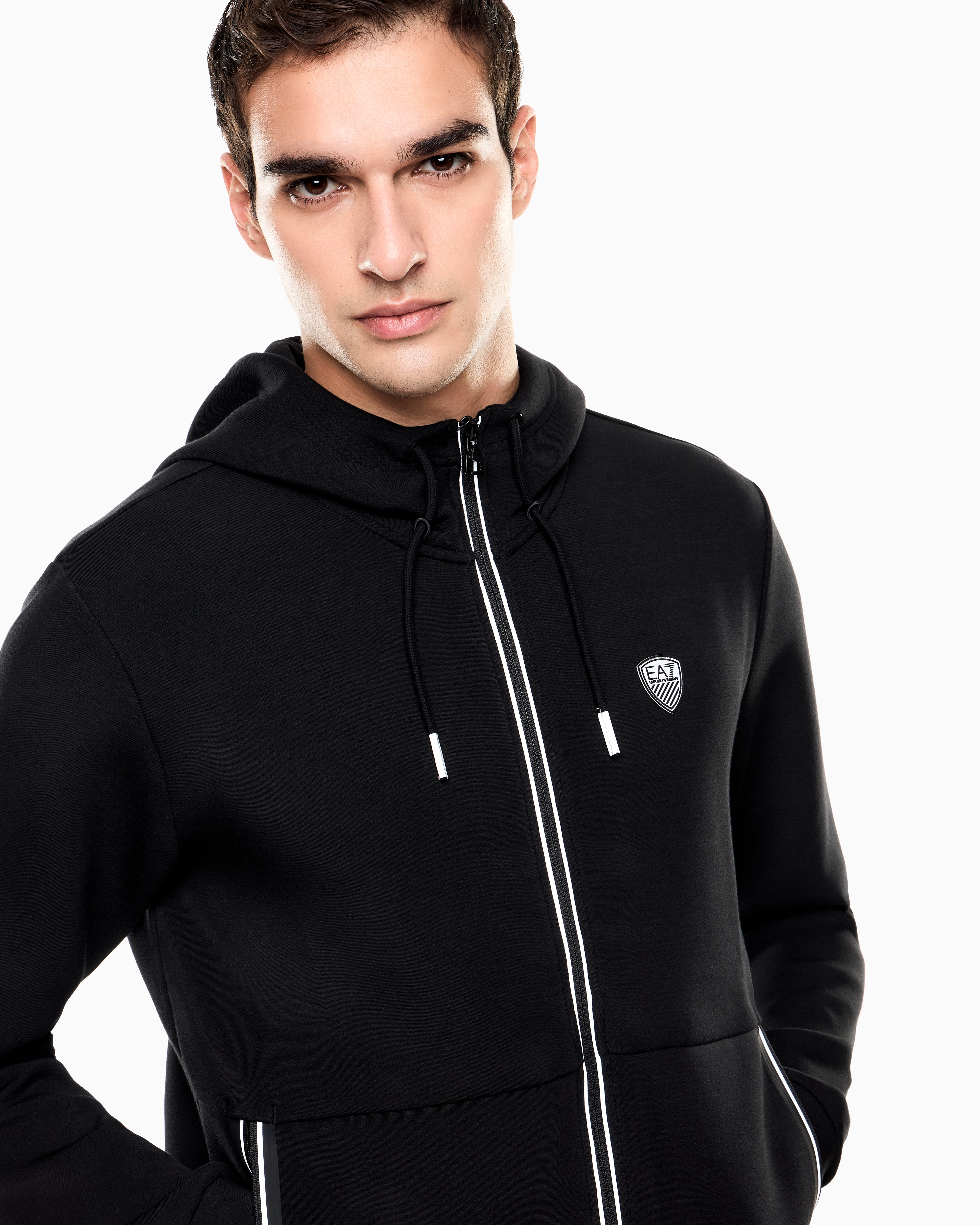 Felpa stretch con cappuccio e zip <BR/> 8NPM20 PJ4EZ 1200 EA7 Black 