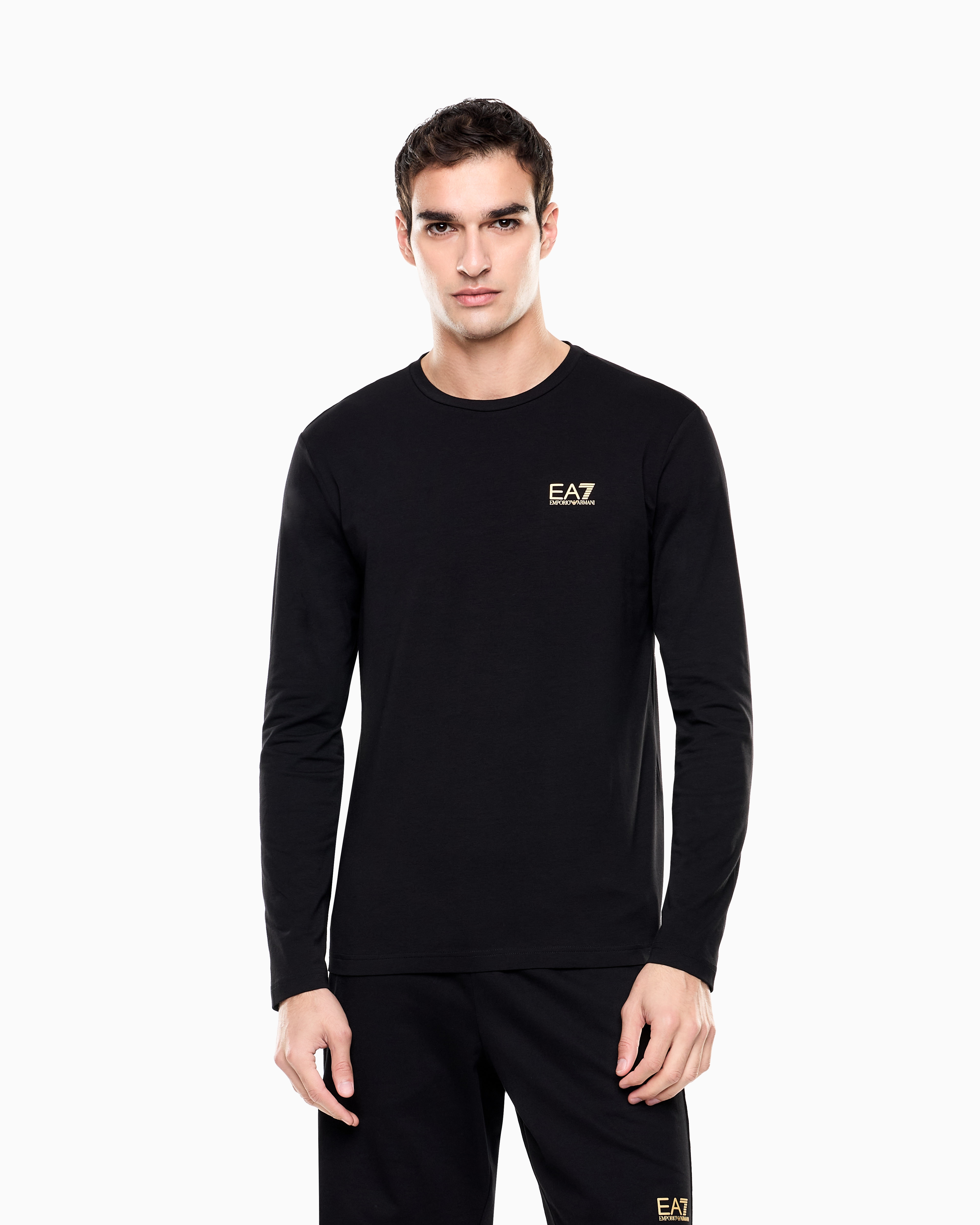 T-Shirt girocollo a maniche lunghe in cotone 8NPT28 PJVQZ 0208 EA7 Black 