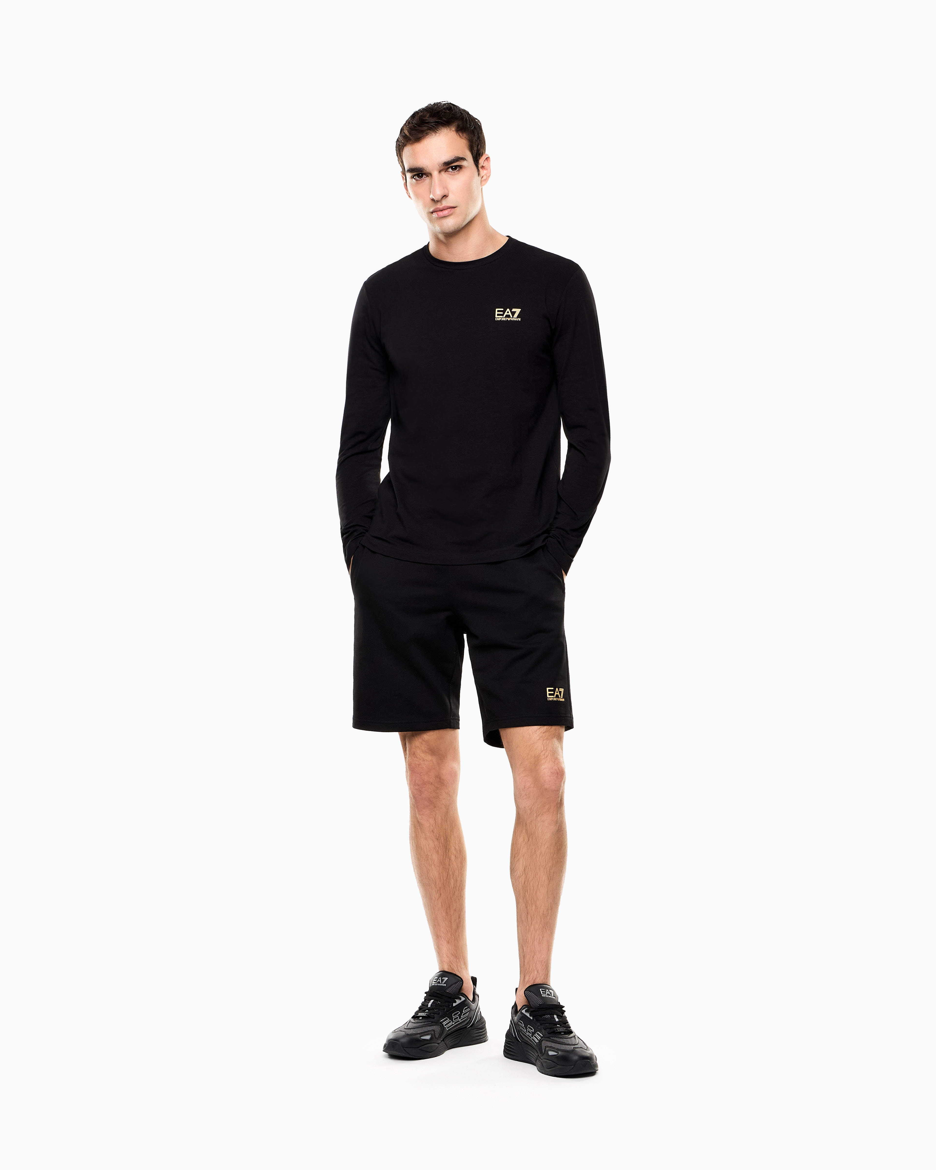 T-Shirt girocollo a maniche lunghe in cotone 8NPT28 PJVQZ 0208 EA7 Black 