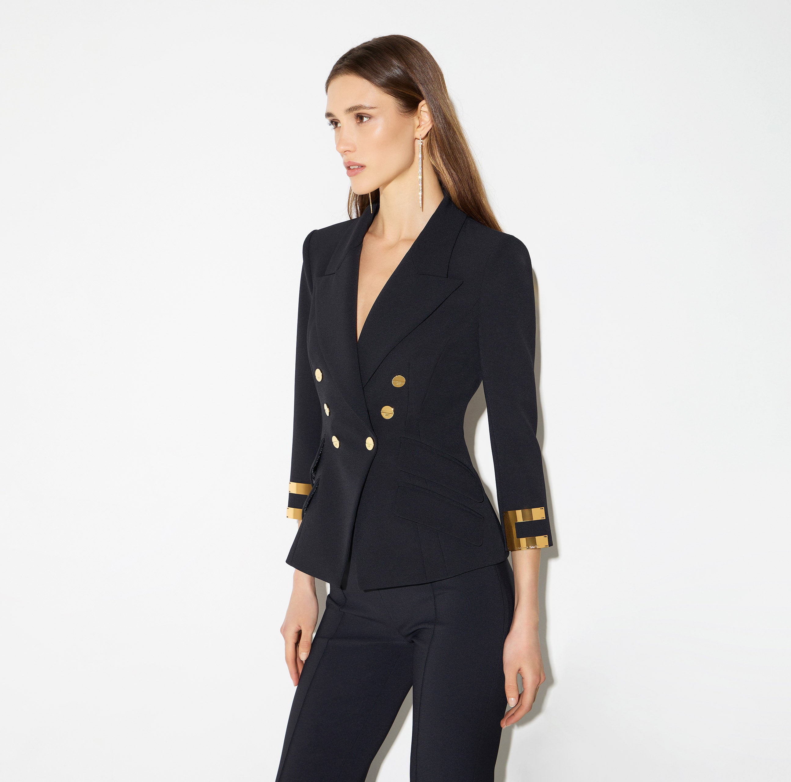 Giacca in doppio crêpe stretch con logo gioiello GI26866E2 110 ELISABETTA FRANCHI Nero 
