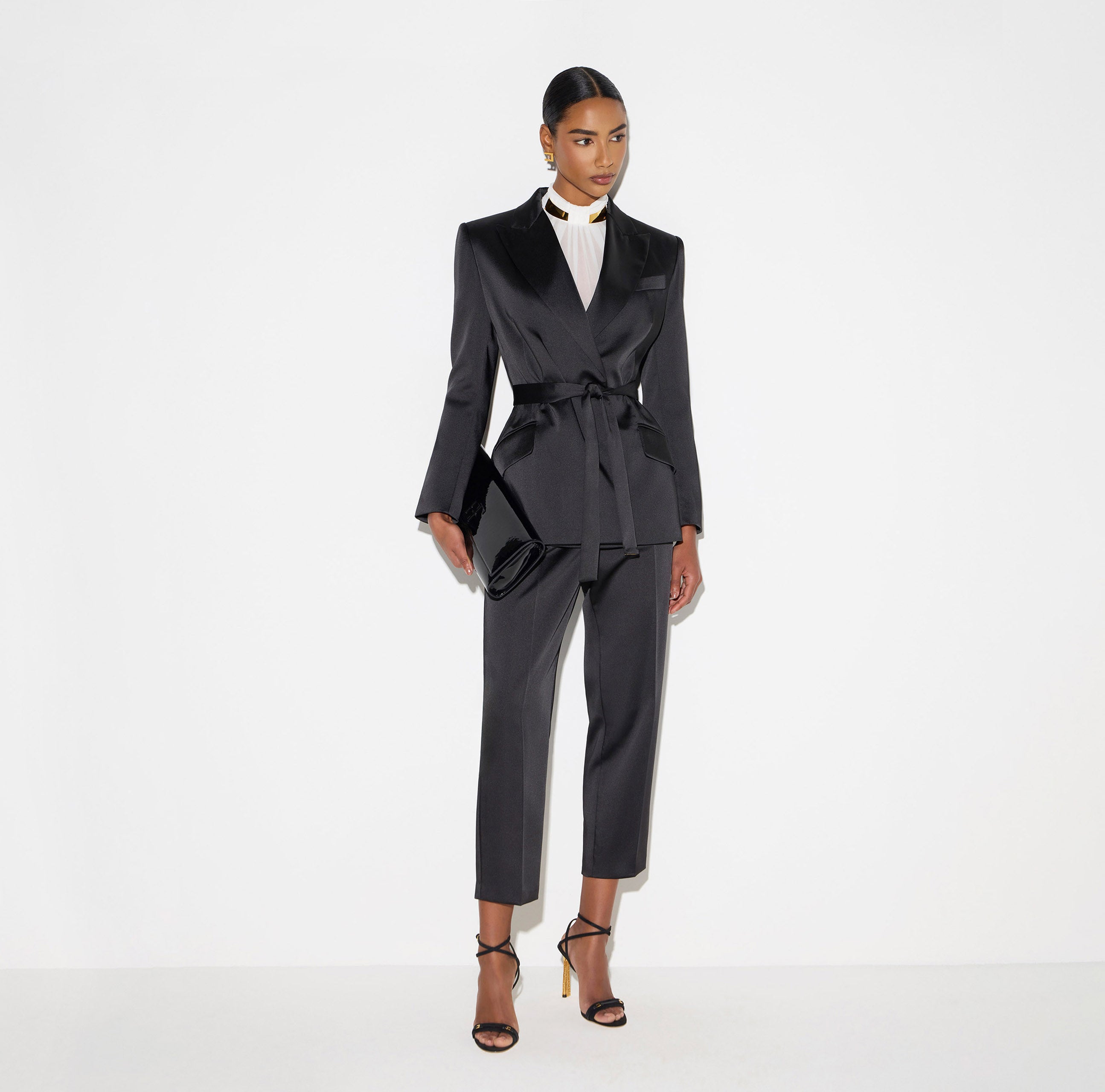 Giacca in raso stretch con cintura GI27966E2 110 ELISABETTA FRANCHI Nero 