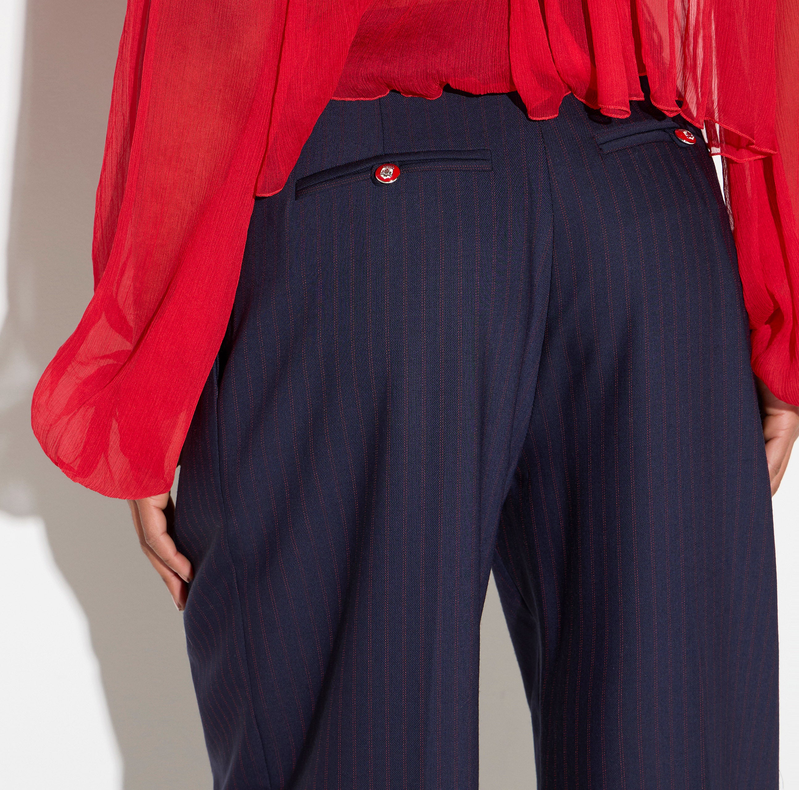 Pantaloni in fresco lana gessato PA17666E2 FO9 ELISABETTA FRANCHI Blu notte/red passion 