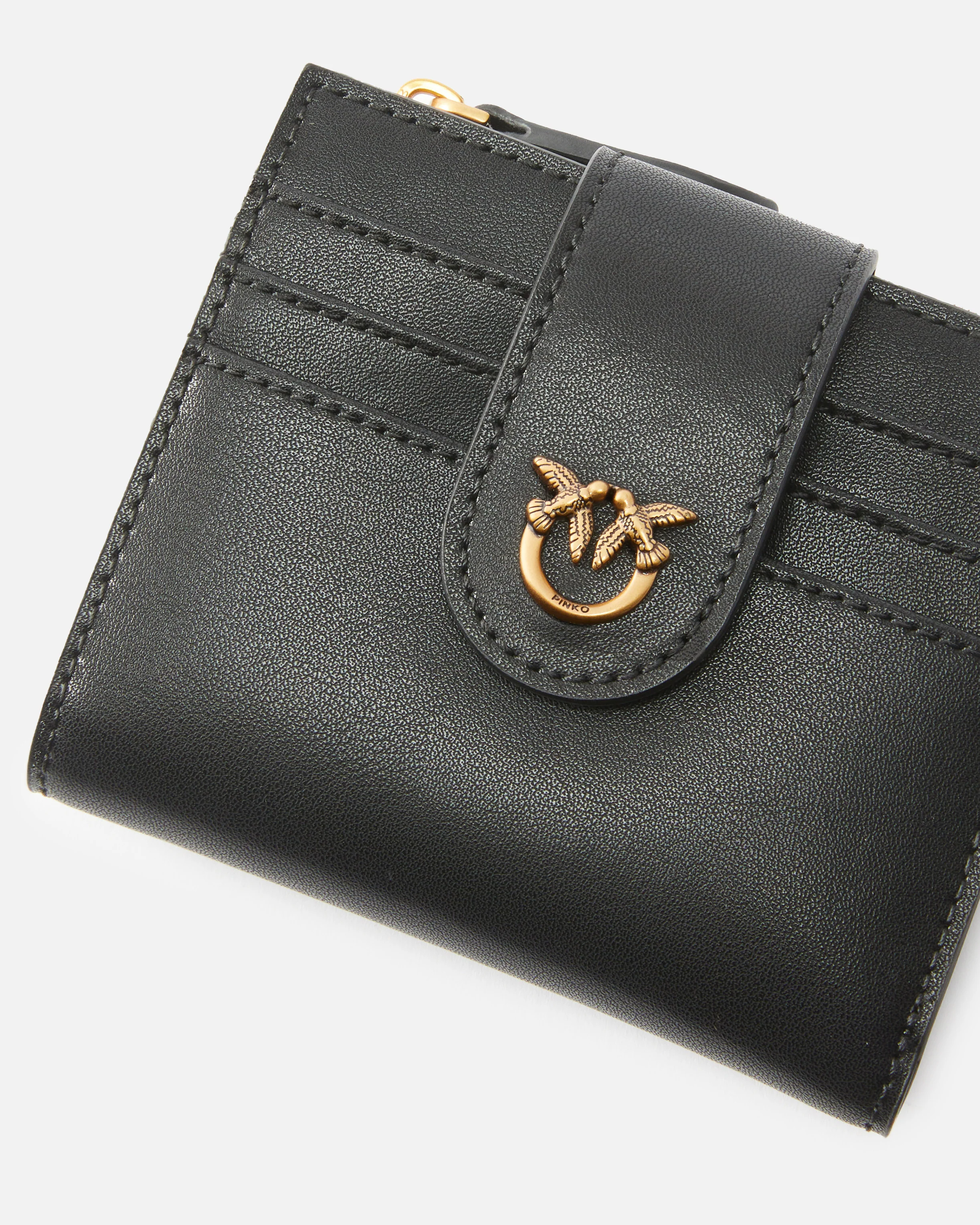 Portafoglio piccolo in pelle liscia con logo 103610A0F1 Z99Q PINKO Nero-antigue gold 
