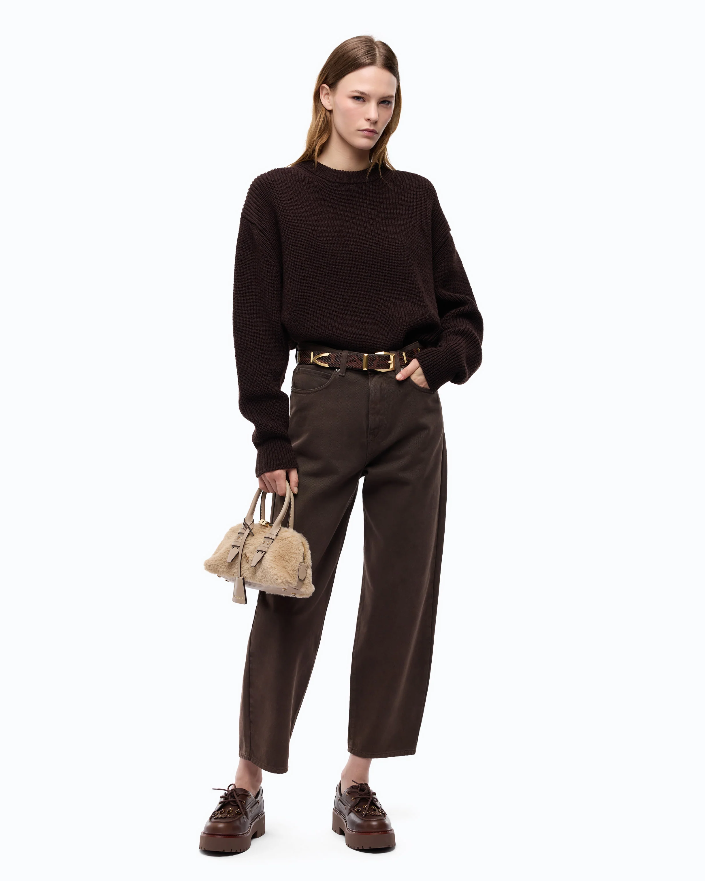 Pantaloni barrel fit in bull denim 103857A3KU L72 PINKO Marrone testa moro 