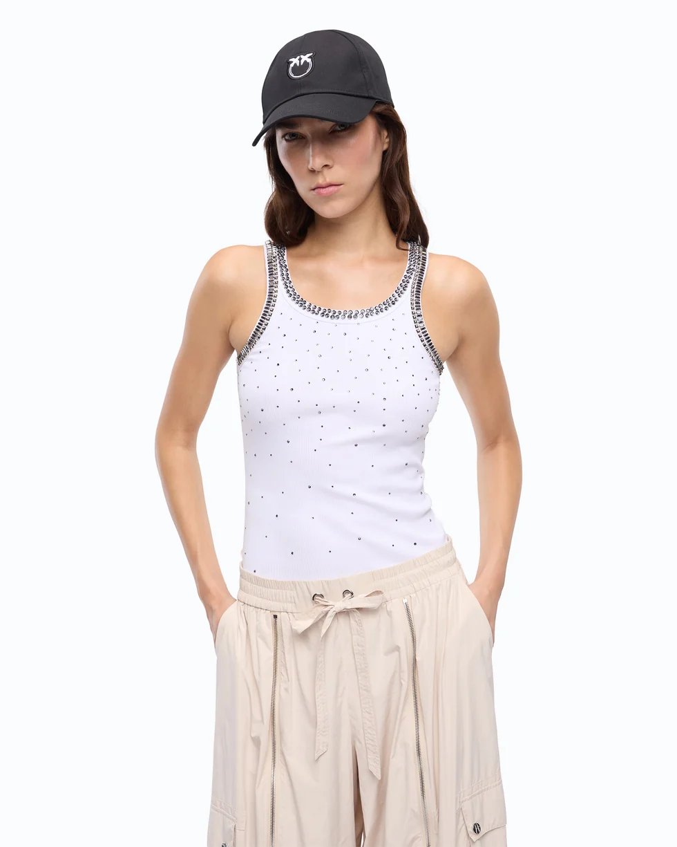 Top a costine con ricami gioiello 104109A3J4 Z04 PINKO Bianco brill. 