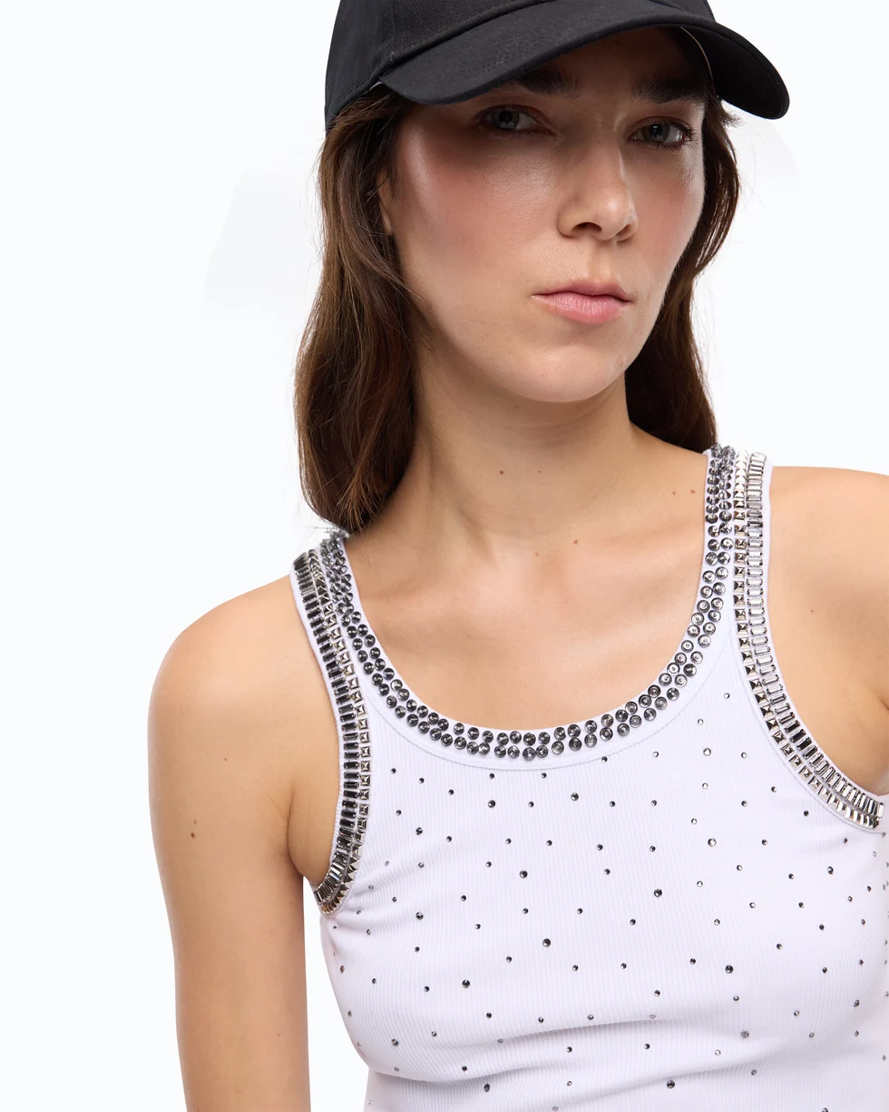 Top a costine con ricami gioiello 104109A3J4 Z04 PINKO Bianco brill. 