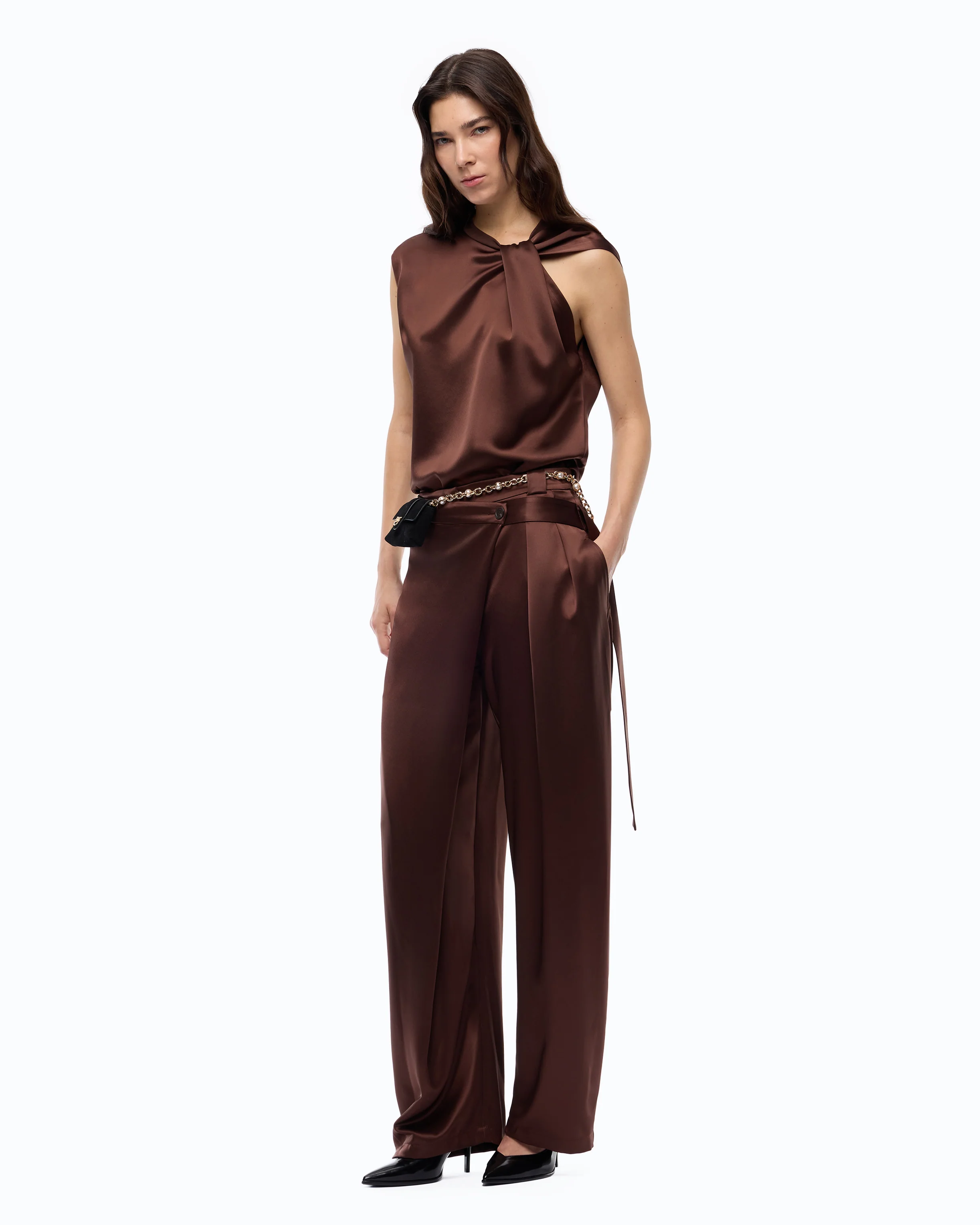 Pantaloni in satin a portafoglio 105570A3GB L86 PINKO Ciocc. amaro 