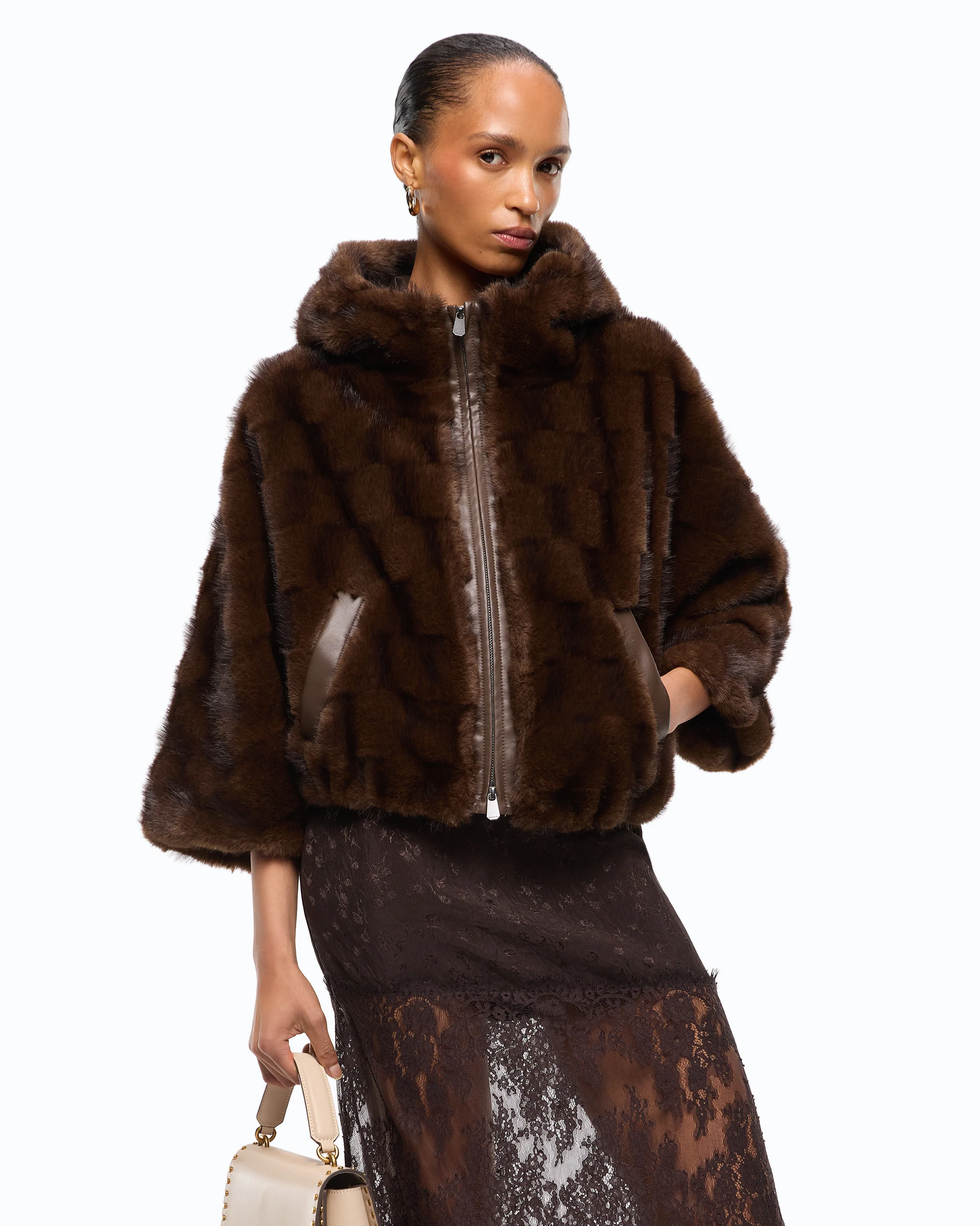 Giacca blouson effetto pelliccia con cappuccio 107054A3C5 M11 PINKO Marrone-chicco di caffè 