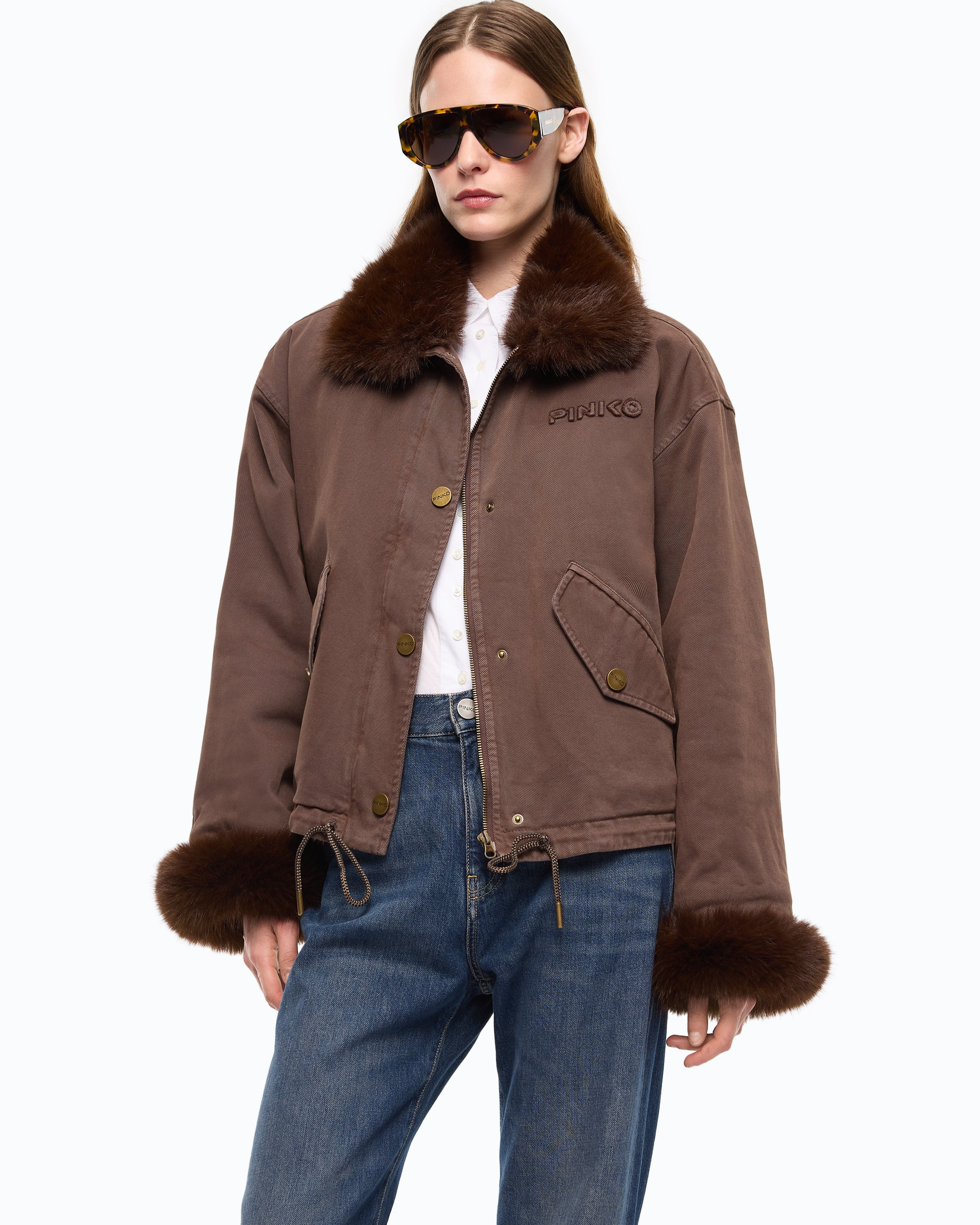 Caban in cotone con dettagli effetto pelliccia 107219A3GV L64 PINKO Marrone caffè 