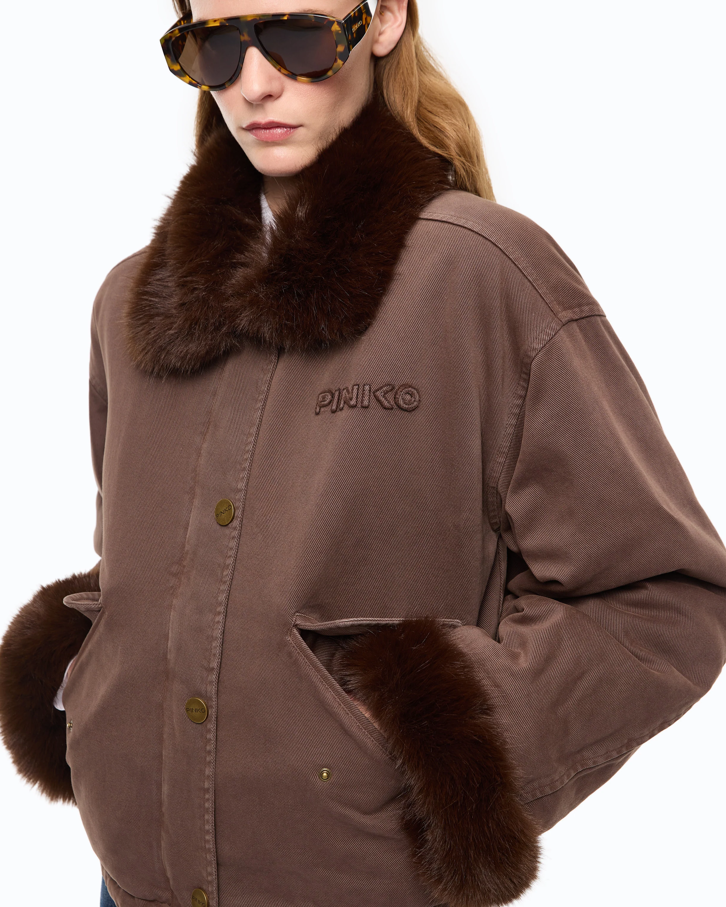 Caban in cotone con dettagli effetto pelliccia 107219A3GV L64 PINKO Marrone caffè 