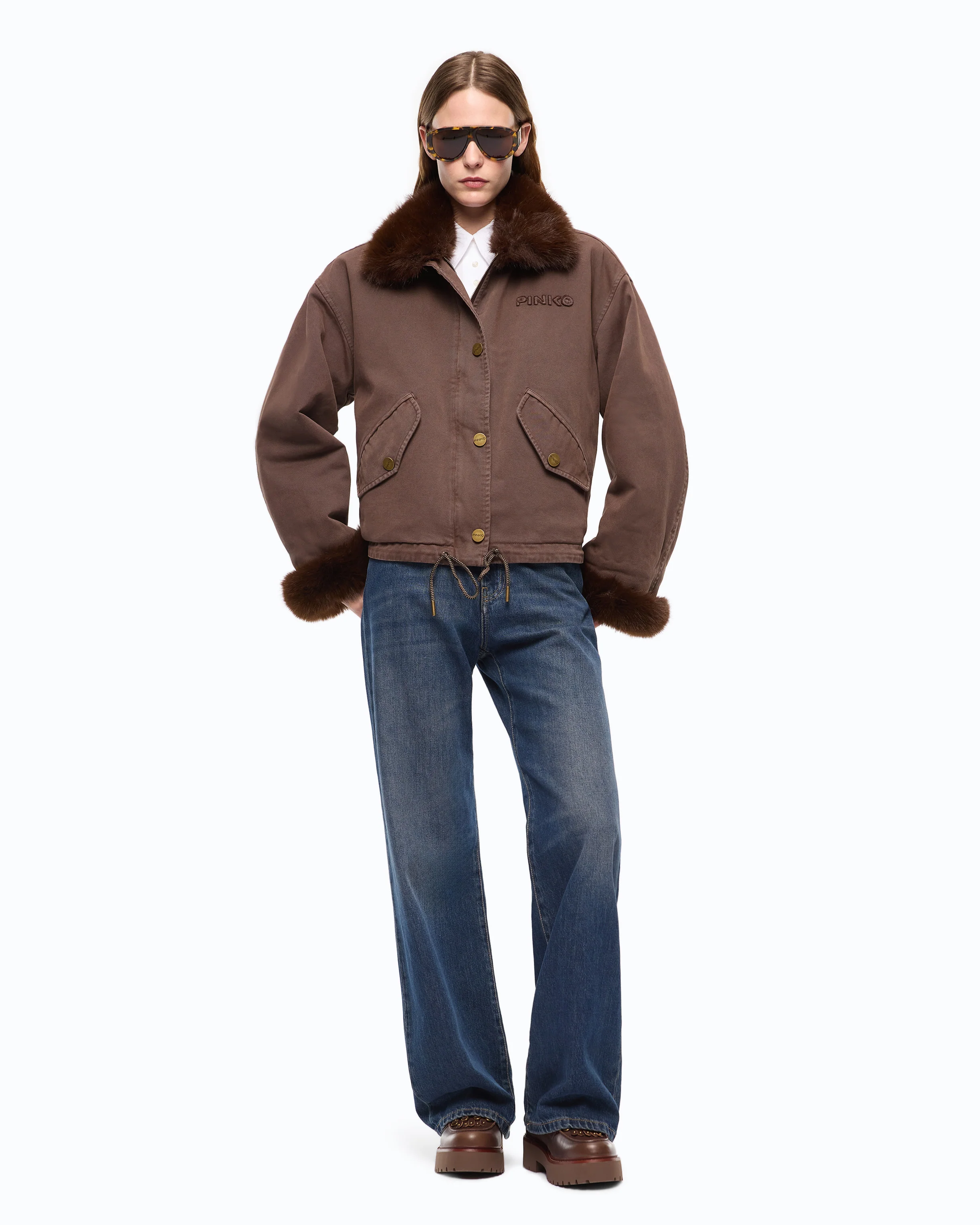 Caban in cotone con dettagli effetto pelliccia 107219A3GV L64 PINKO Marrone caffè 