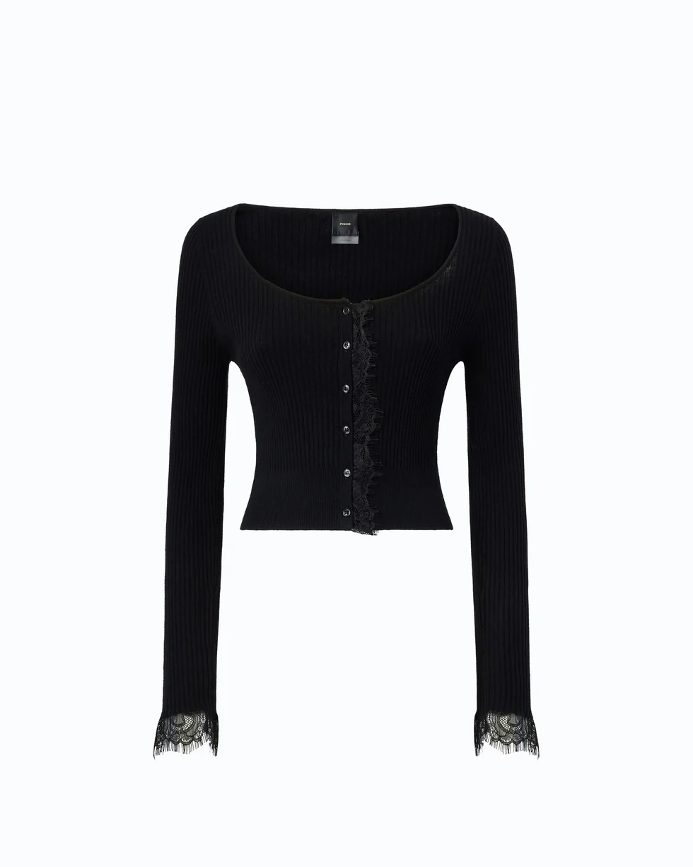 Cardigan cropped in misto seta e cashmere con pizzo 107268A3I0 Z99 PINKO Nero limousine 