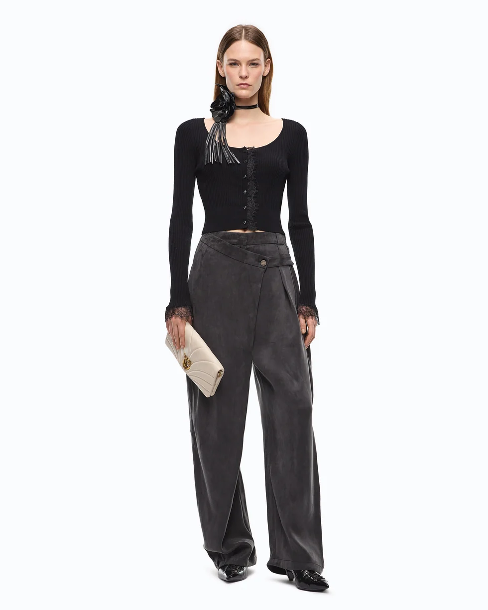 Cardigan cropped in misto seta e cashmere con pizzo 107268A3I0 Z99 PINKO Nero limousine 