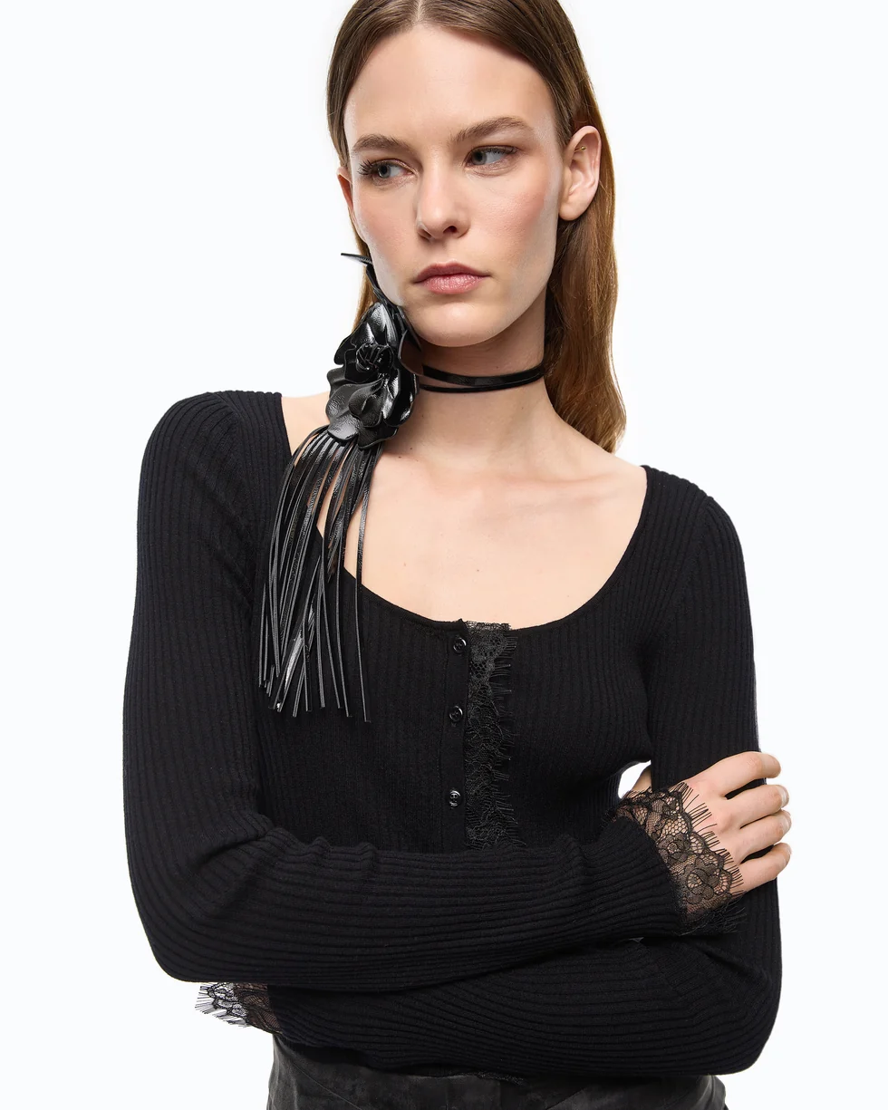 Cardigan cropped in misto seta e cashmere con pizzo 107268A3I0 Z99 PINKO Nero limousine 
