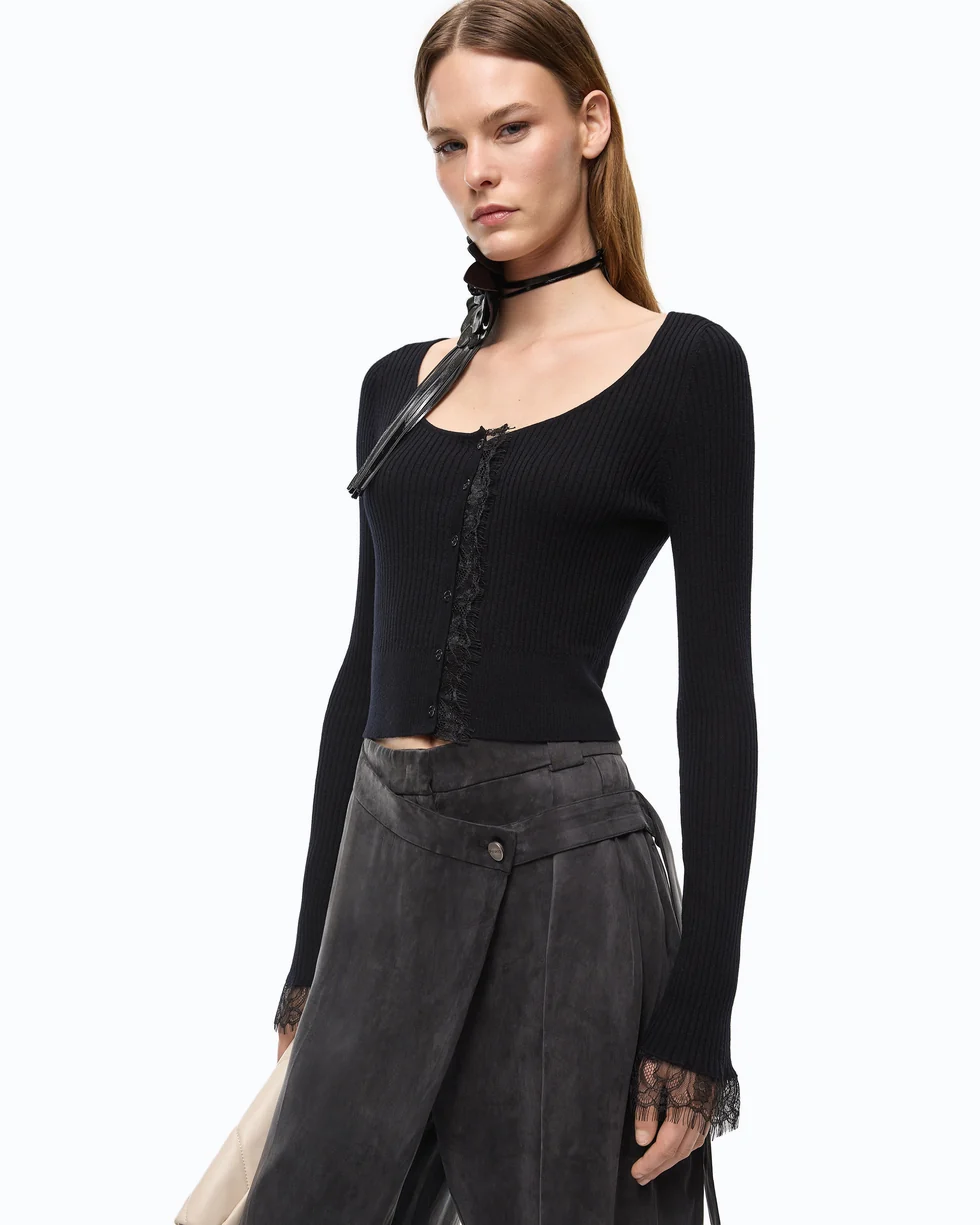Cardigan cropped in misto seta e cashmere con pizzo 107268A3I0 Z99 PINKO Nero limousine 